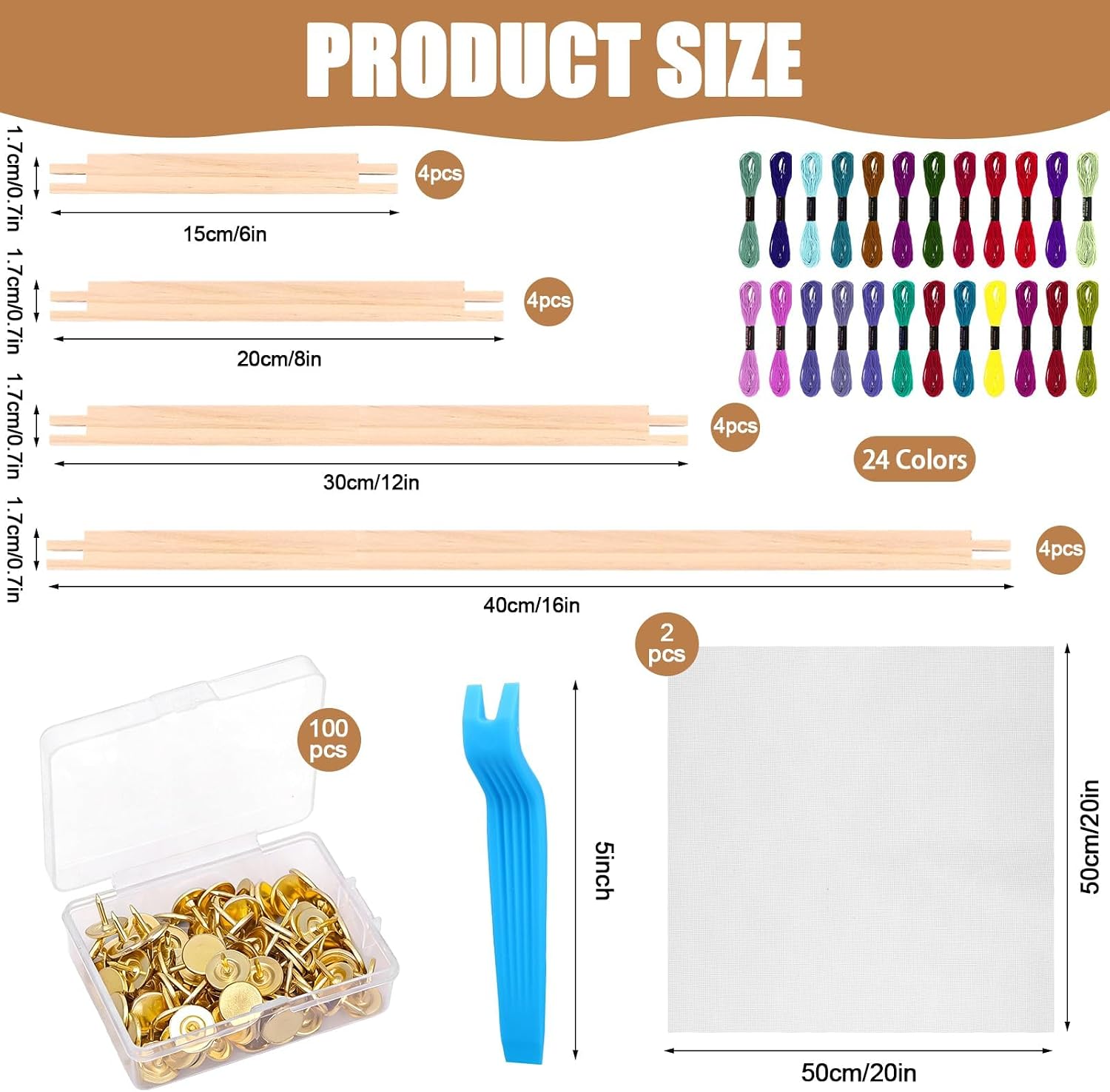 16Pcs Needlepoint Stretcher Bars 4 Sizes Wooden Canvas Stretcher Needlework Embroidery Frames with 2 Needlepoint Canvas 100 Tacks Wrench 24 Threads for Needlework Supplies Embroidery Stitch Frame Set