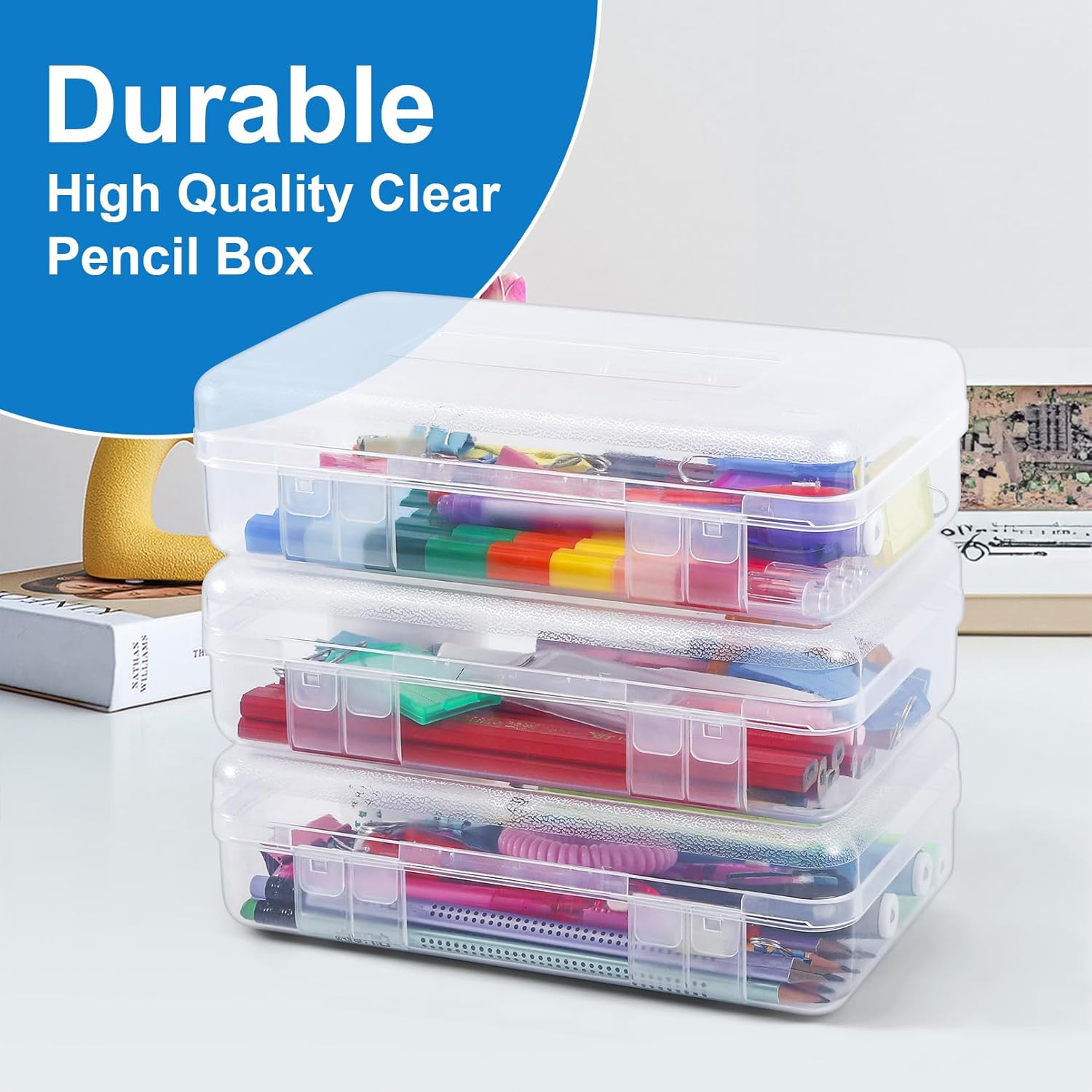 6 Pack Plastic Pencil Boxes, Large Capacity Pencil Case, Stackable Design, Clear Storage Box with Snap-tight Lid, Hard Pencil Case for Pens Office Supplies