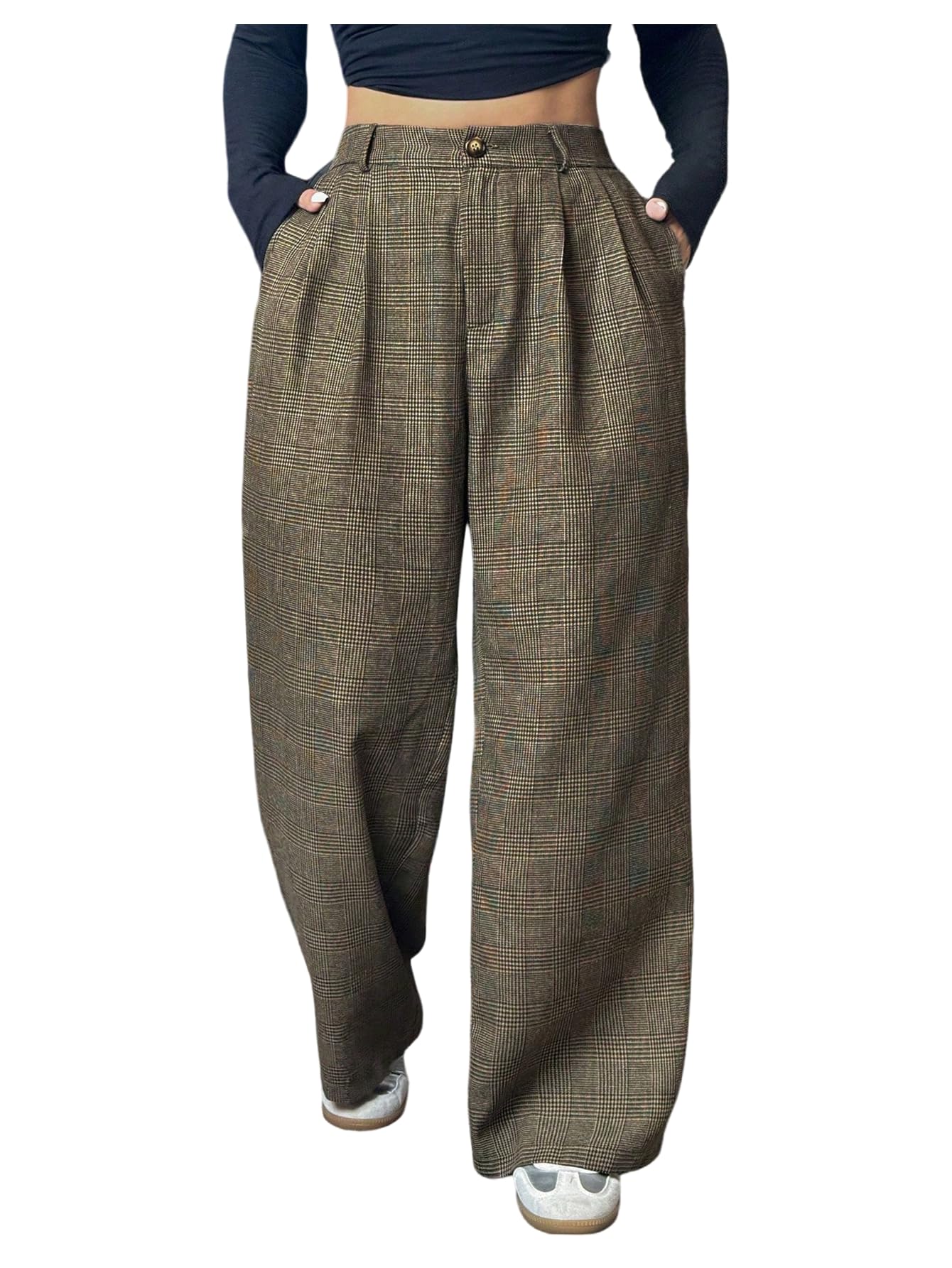 SOLY HUX Womens Plus Size Plaid Suit Pants High Waisted Wide Leg Pants Work Office Trousers
