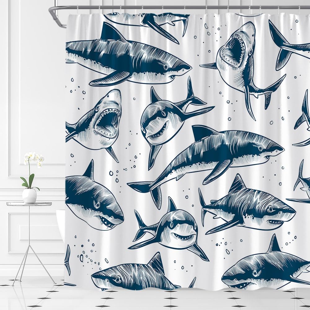 Shark Shower Curtain Ocean Animal Fish Marine Life Underwater Sea Nautical Fabric Bathroom Decor Set with Hooks,(70" Wx84 H)