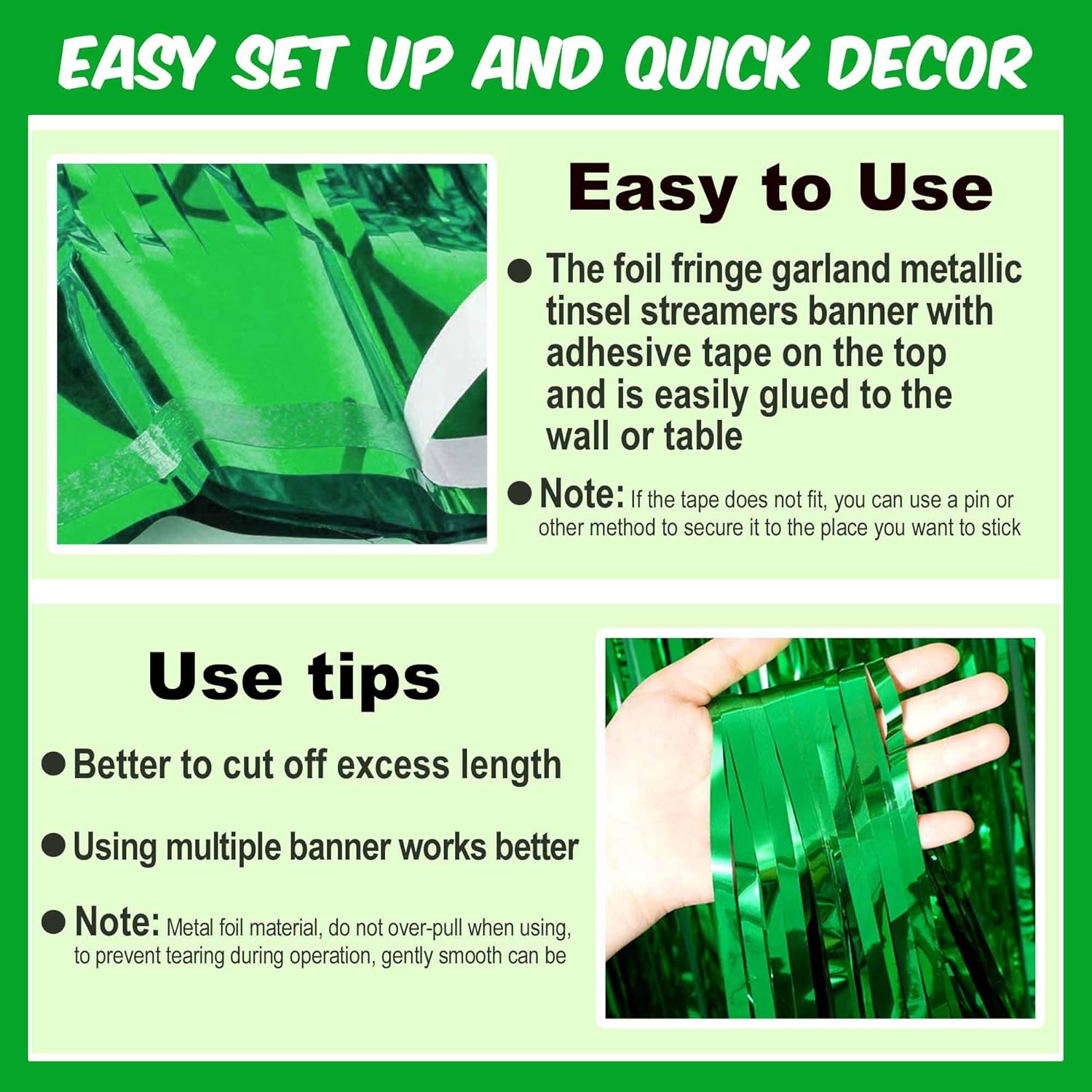 3 Pack 10 Ft Green Foil Fringe Garland Metallic Streamers Tinsel Banner Wall Hanging Garland Backdrop for Parade Floats, Halloween, Christmas, Thanksgiving, New Year Party Decorations - Image 3