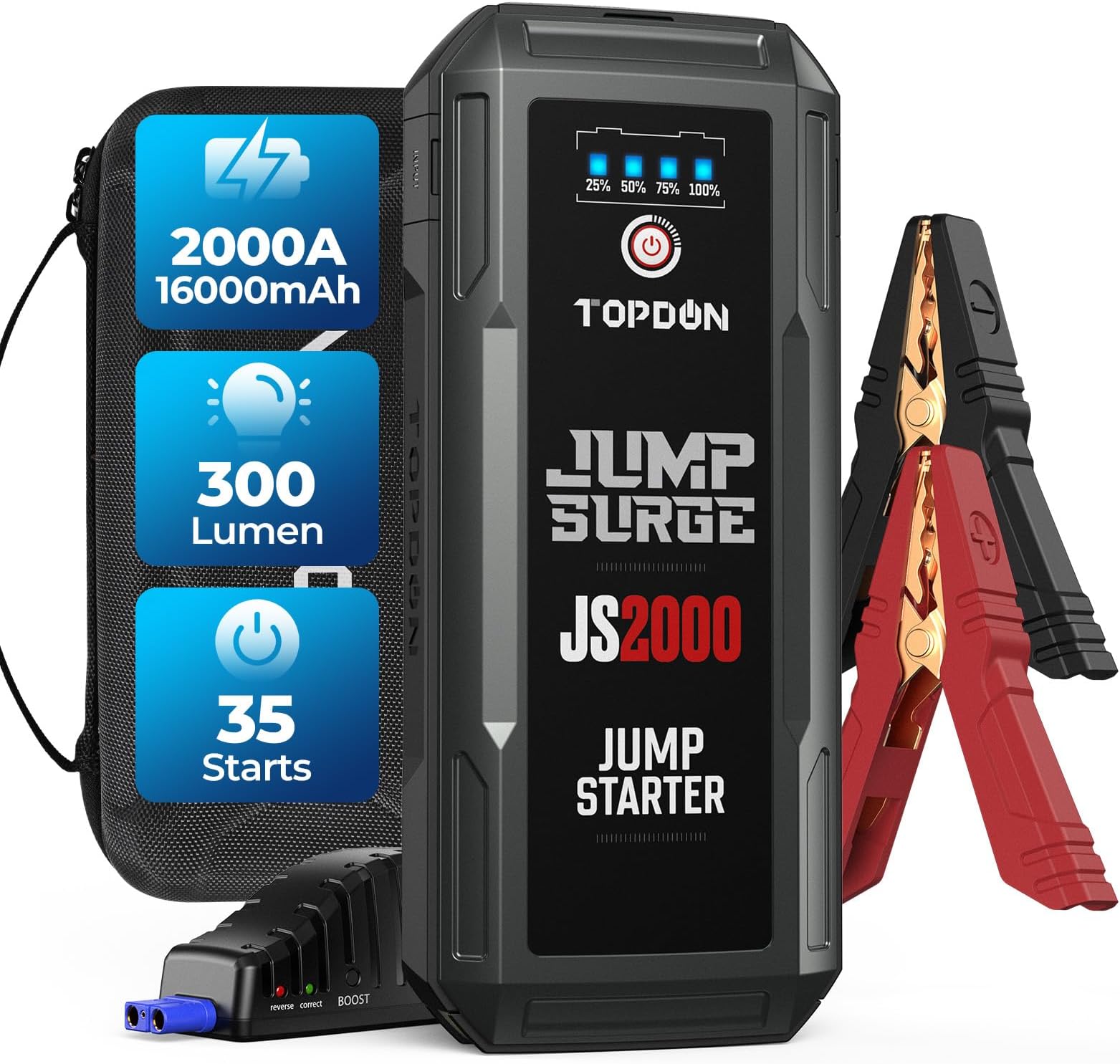 TOPDONJS2000 Car Jump Starter, 2000Amp/16000mAh Portable Car Starter for 8L Gas and 6L Diesel Engines, 12V Lithium Car Battery Booster Pack with Jumper Cables/USB Quick Charge/built-in LED Flashlight
