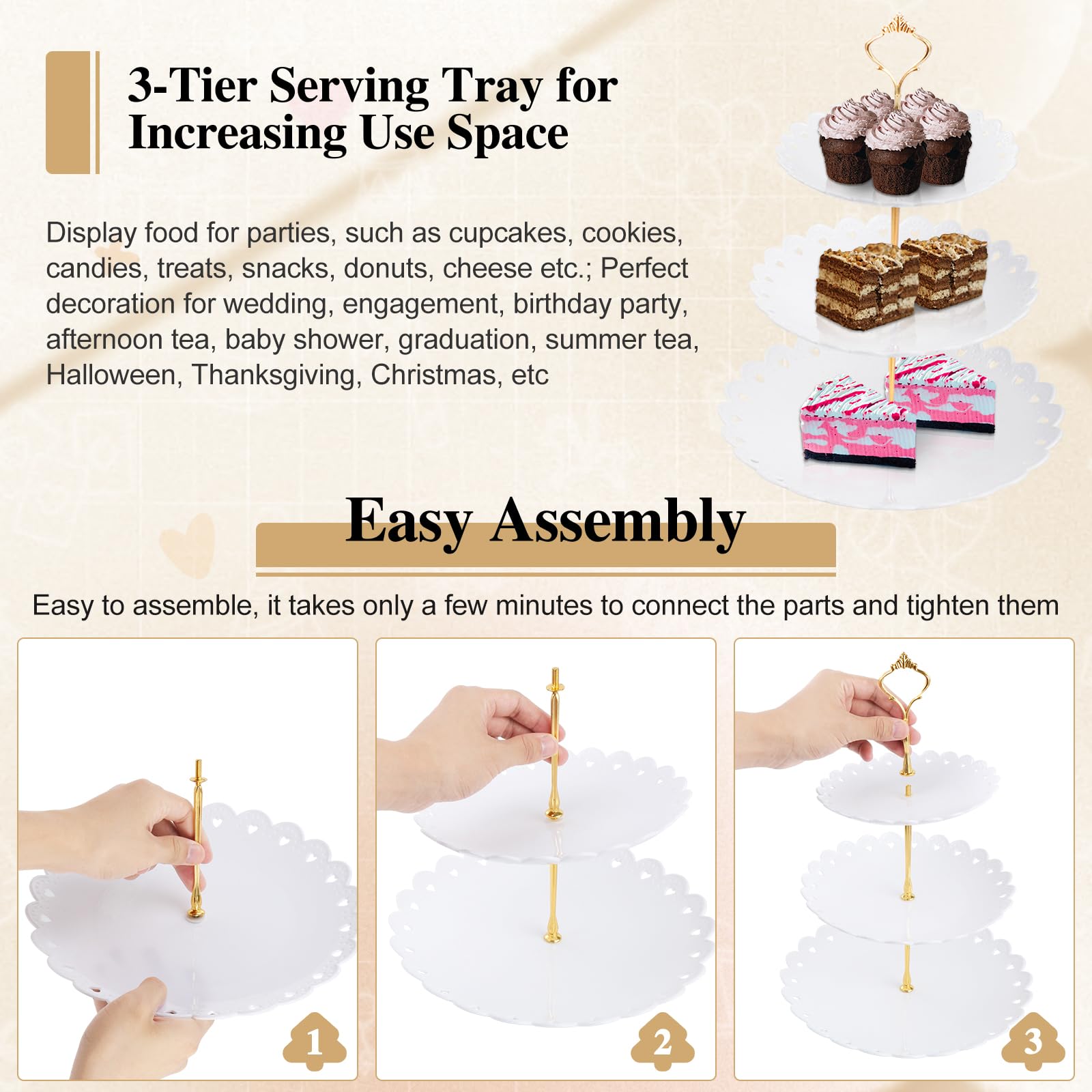 Alzata a 3 Livelli, bambù, LAEMALLS Supporti Torte Vassoio da Portata Piatto da Frutta Cupcake Dessert, Accessorio casalinghi per Matrimoni, Feste, Cene, Compleanno, Baby Shower ecc, Forma Rotonda#2
