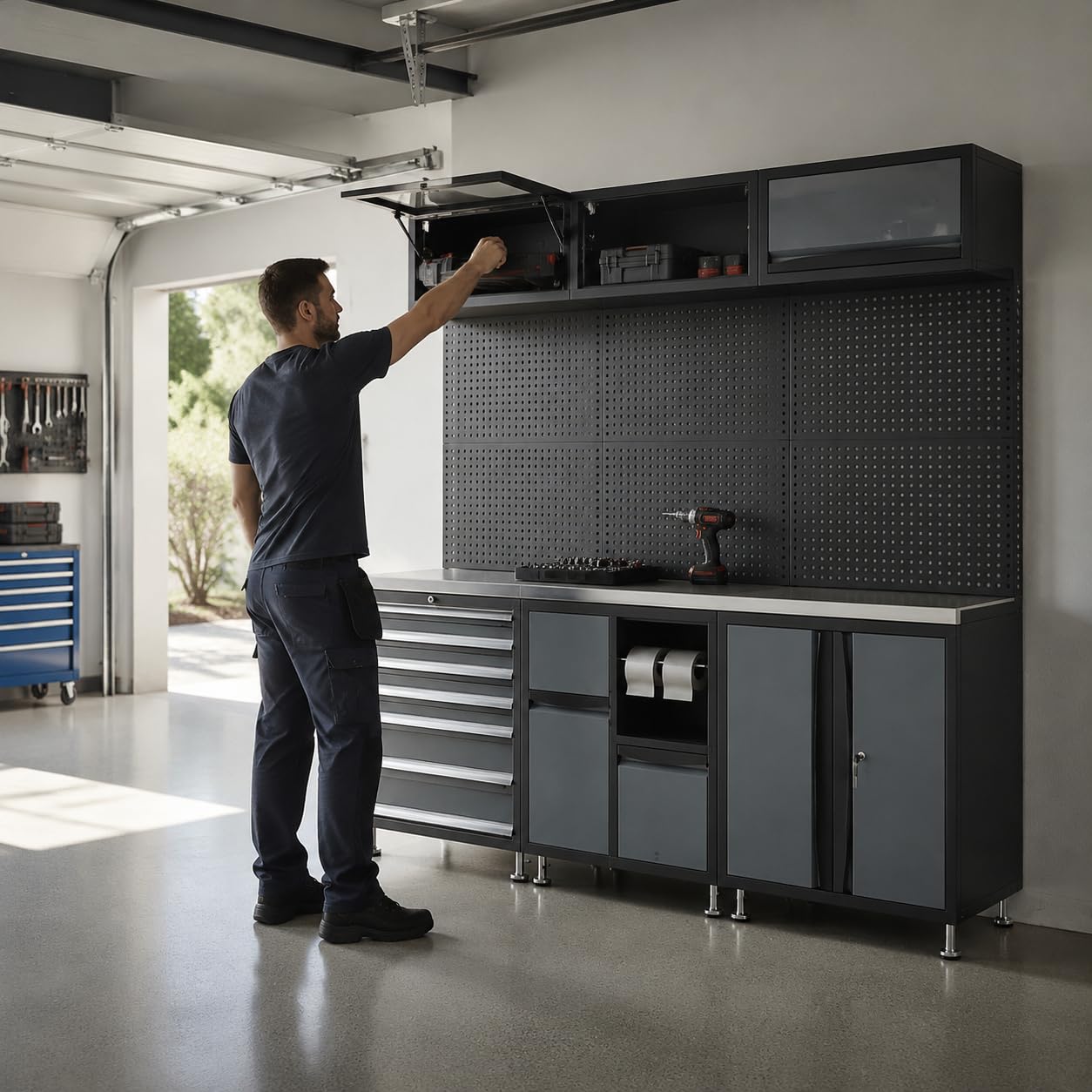 Werkstattschrank Metall, Werkbank mit Schubladen, Werkstatteinrichtung Komplettset, Garagenschrank Aufbewahrung, Kombinationsschrank-06