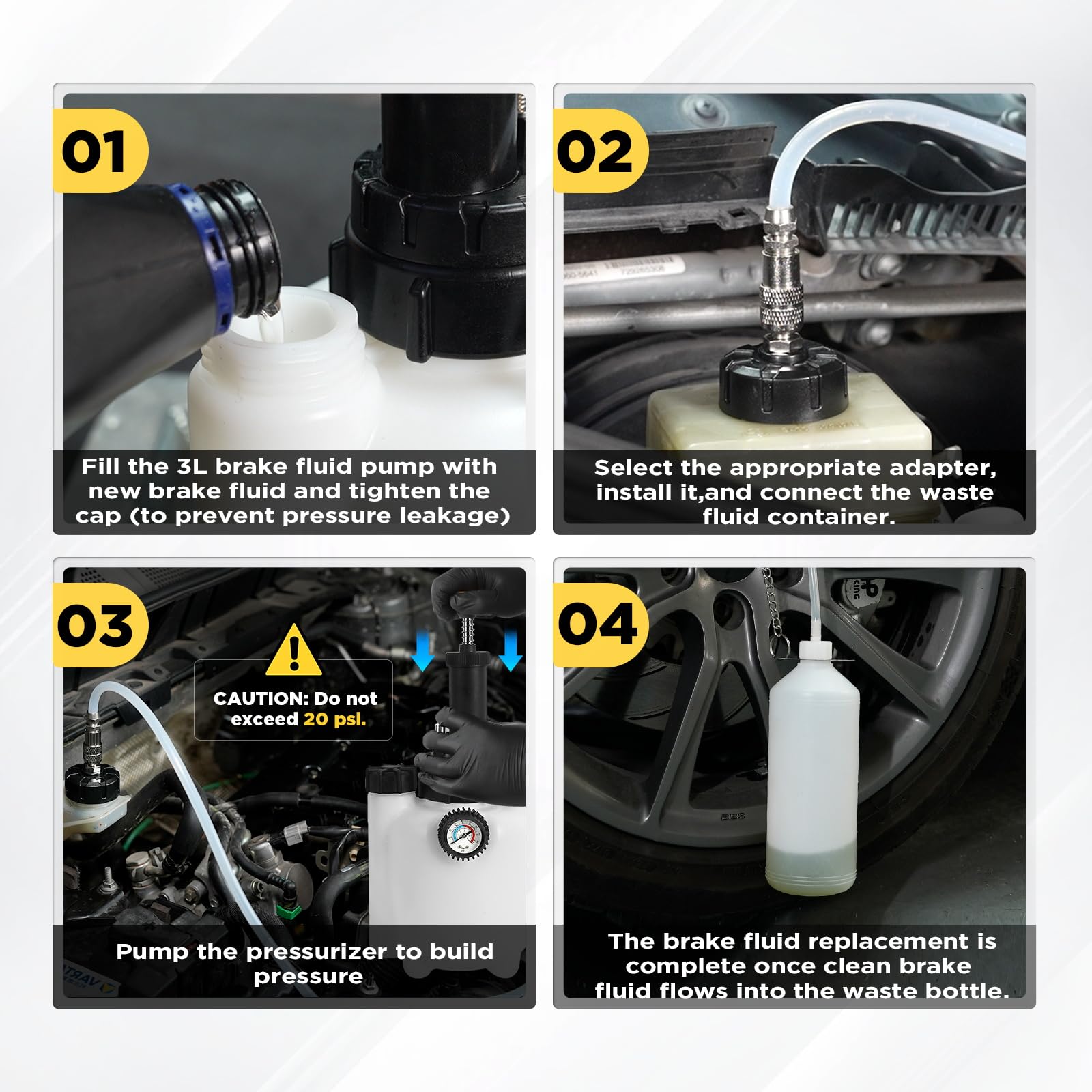 Spurgo freni 3L Dispositivo per la sostituzione del liquido freni Set di spurgo freni per auto con contenitore di aspirazione da 1 litro 4 adattatori e adattatore universale per spurgo freni
