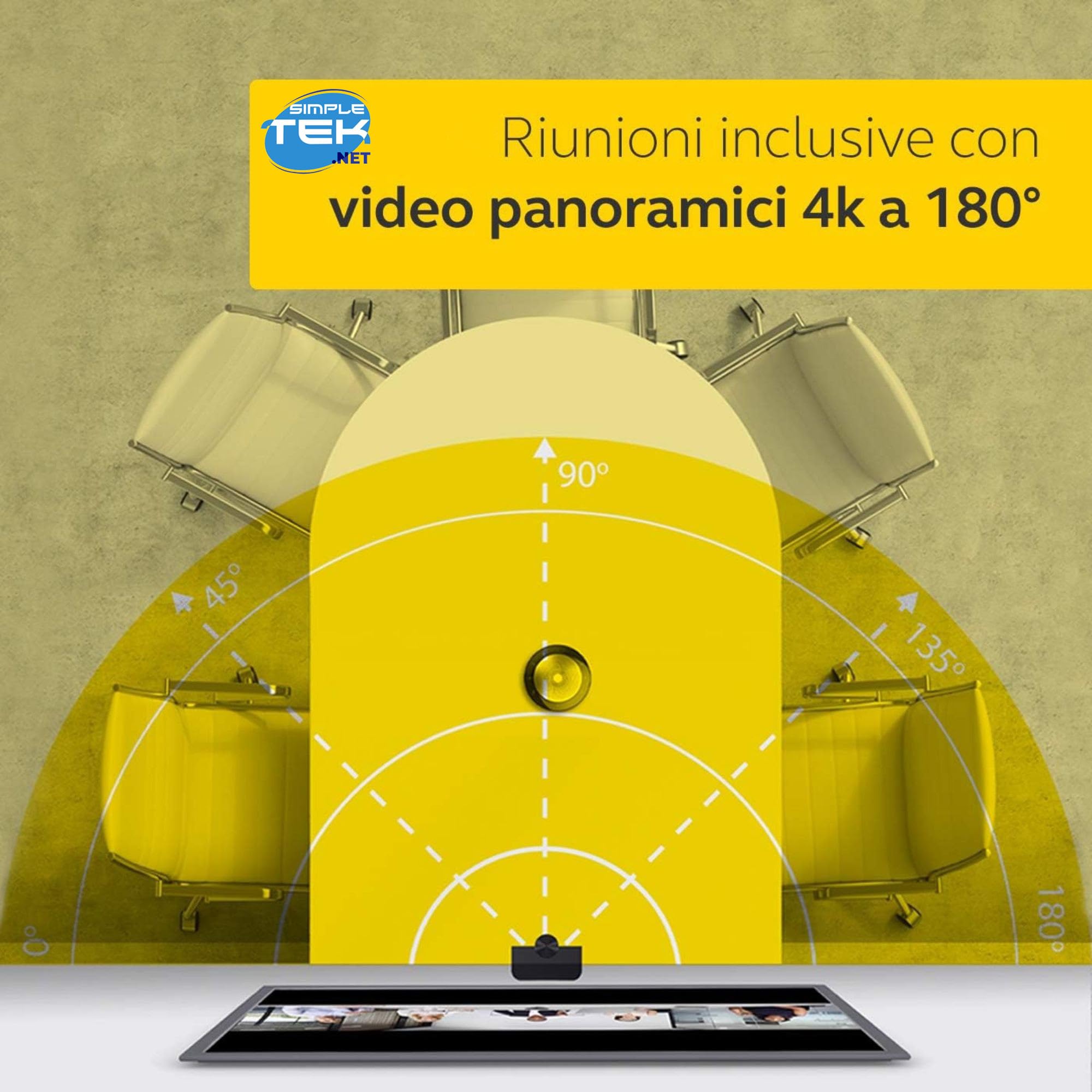 SIMPLETEK - Webcam panorámica profesional 4K - Campo de visión de 180° - 3 cámaras con puntada en tiempo real - USB-C Plug-and-Play