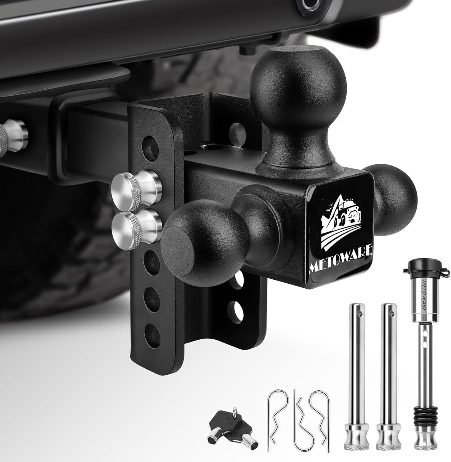METOWARE Adjustable Trailer Hitch, Drop Hitch Fits 2-Inch Receiver, Tow Hitch with 4-Inch Drop, 12,500 LBS, Tri-Ball (1-7/8", 2", 2-5/16") Trailer Hitch Receiver with Double Anti-Theft Pins Locks