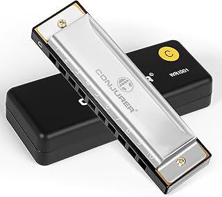 CONJURER Blues Harmonica for Beginners Adult, 10 Hole Diatonic Harmonica Key of C, Metal Mouth Organ C Key Brass Reed Blues Harp with Case, Key C Sliver