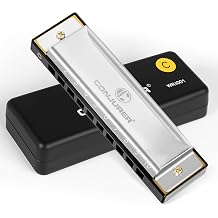 CONJURER Blues Harmonica for Beginners Children and Adults 10 Holes Diatonic Harmonica Key of C Brass Stick Mouth Organ C Button Blues Harp with Case Key of C Silver WH1001