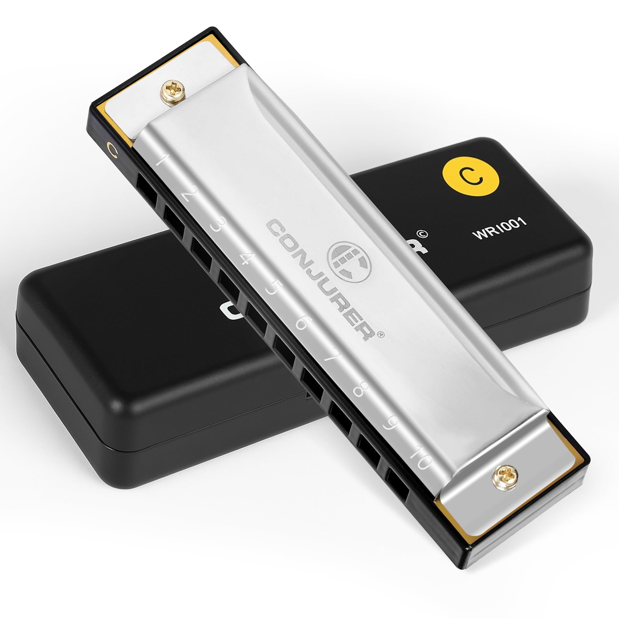 CONJURER Blues Harmonica for Beginners Adult, 10 Hole Diatonic Harmonica Key of C, Metal Mouth Organ C Key Brass Reed with Case, Key C Sliver