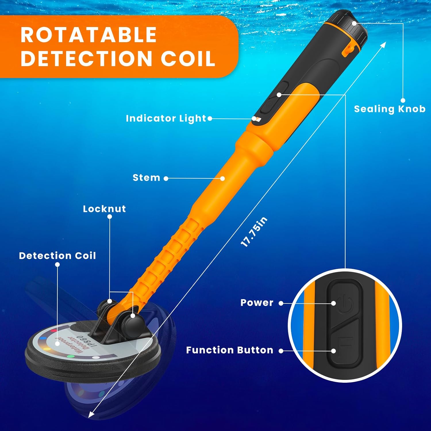 Professional Underwater Metal Detector with IP68 Waterproof Rating, 1600mAh Rechargeable Battery for Scuba Diving, Beach, Ocean – Fully Submersible Design for Adults