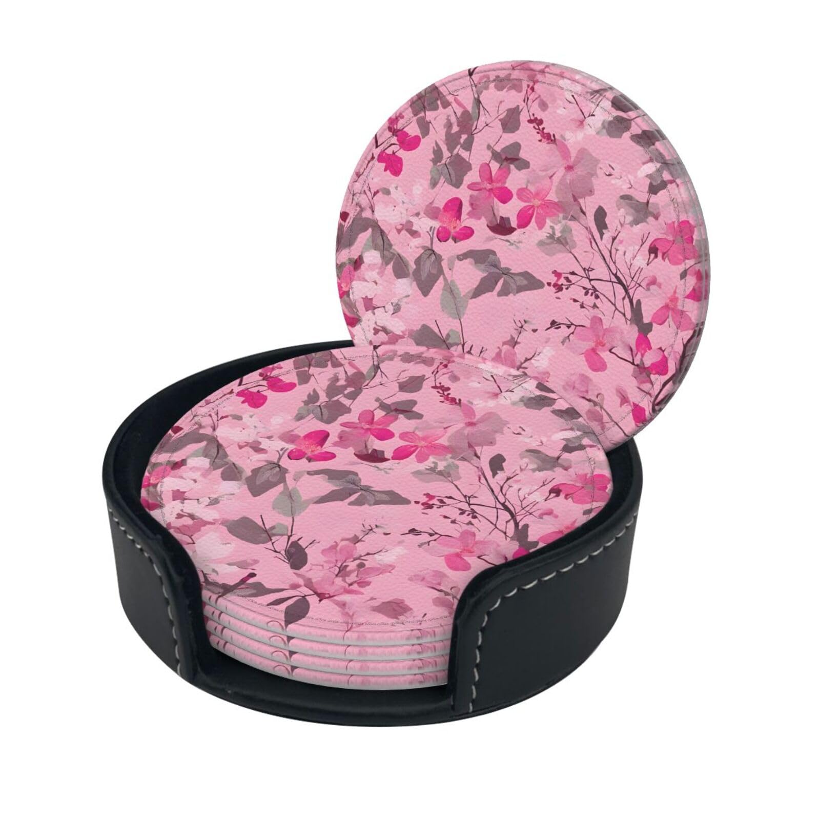 Pink Leaves Camo Print Coaster,Round Leather Coasters with Storage Box for Wine Mugs,Cold Drinks and Cups Tabletop Protection (6 Piece)