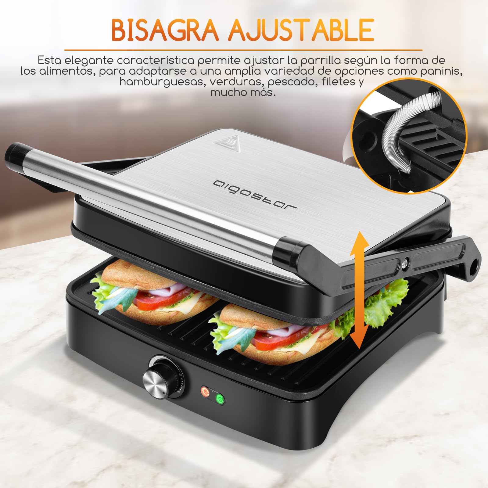 Aigostar Calore Parrilla Eléctrica 1800W, Grill Electrico con Revestimiento Antiadherente, Sandwichera con Regulador de Temperatura, Apertura 180º, Placa Superior Flotante, Libre de BPA
