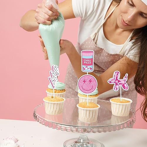 Miniatura 7 de Whaline 72 piezas de decoración de cupcakes preppy 12 diseños de cara rosa, estrella, relámpago, labios, palillos de cupcakes, palillos de comida