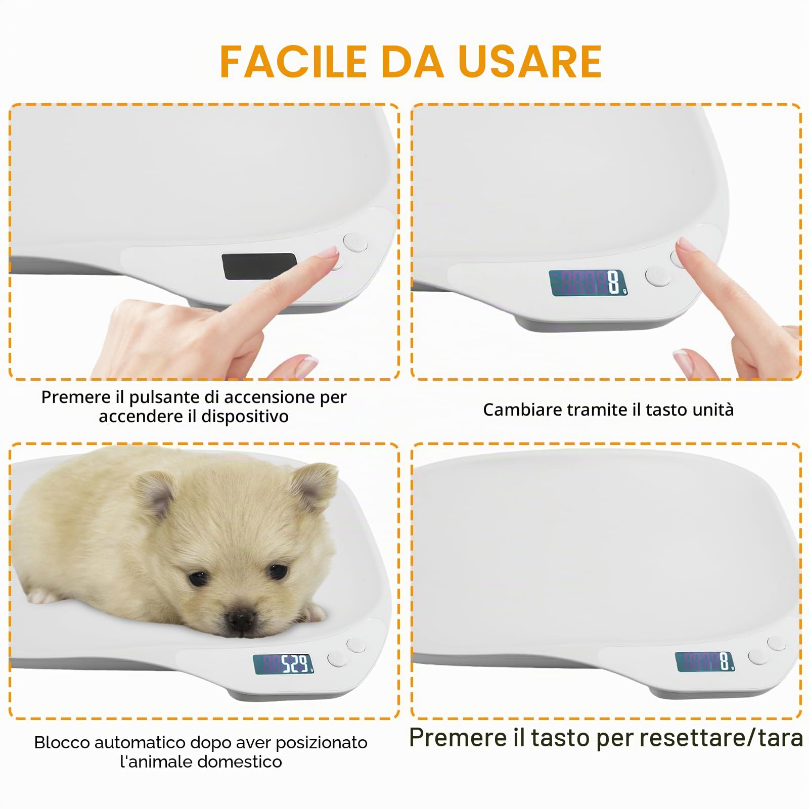 Bilancia digitale per animali di piccola taglia con 4 modalità di pesatura (kg/oz/lb/ml) per gattini, cuccioli, criceti, piccoli uccelli (15 kg)