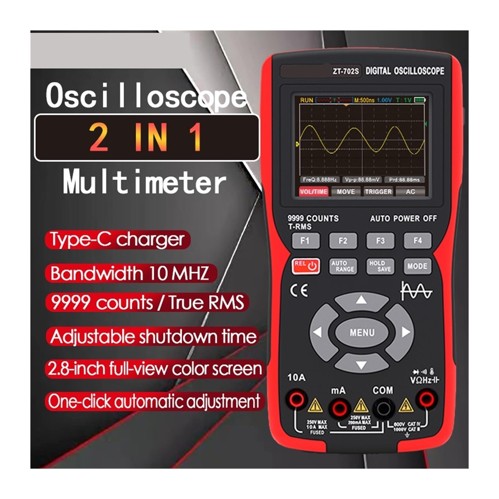 Osciloscopio Digital portátil for automoción ZT-702S 2 en 1, con Canal único, Ancho de Banda de 10 MH/Z y Longitud de Registro de 64 KB