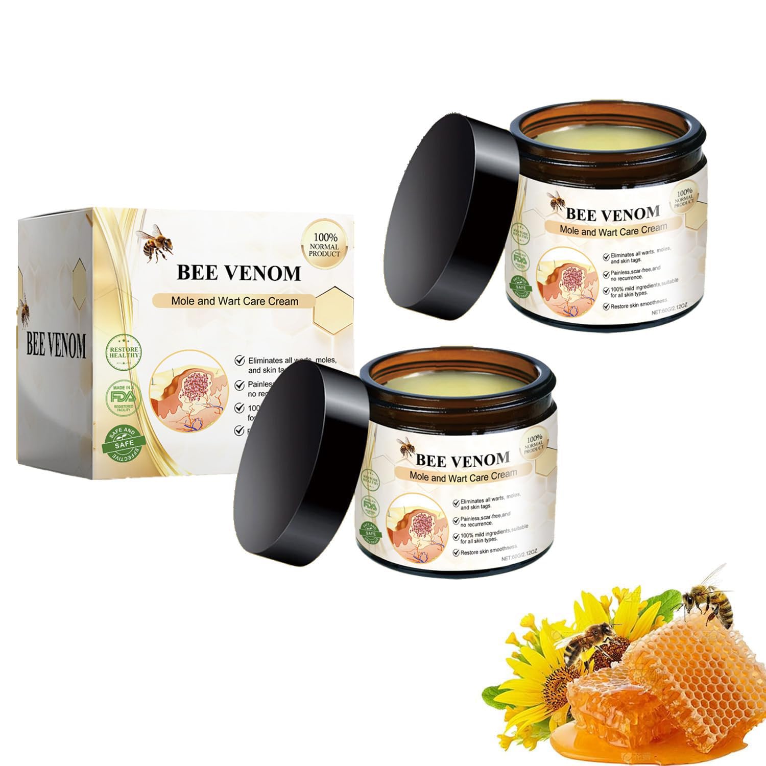 LBOYLOVE® 2 Pcs Bee Venom Cream, Professional Bee Venom Treatment Cream for Mole and Wart, Bee Venom Moisturizing Cream for All Skin Types (60g/2.12OZ)