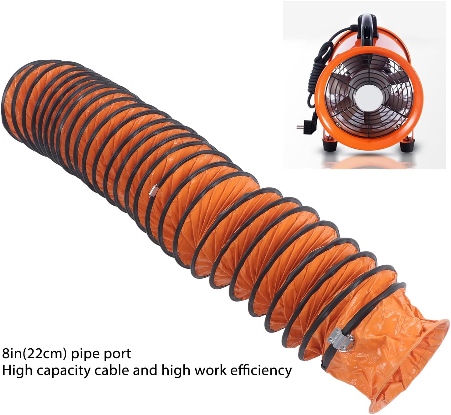 Sorandy Duct Hosing, 8in Heavy Duty Flexible Retardan tPVC Duct Hosing with S Shaped Hook Steel Bracket and Carbon Wire Spring for Exhaust Fan Ventilation (5M)