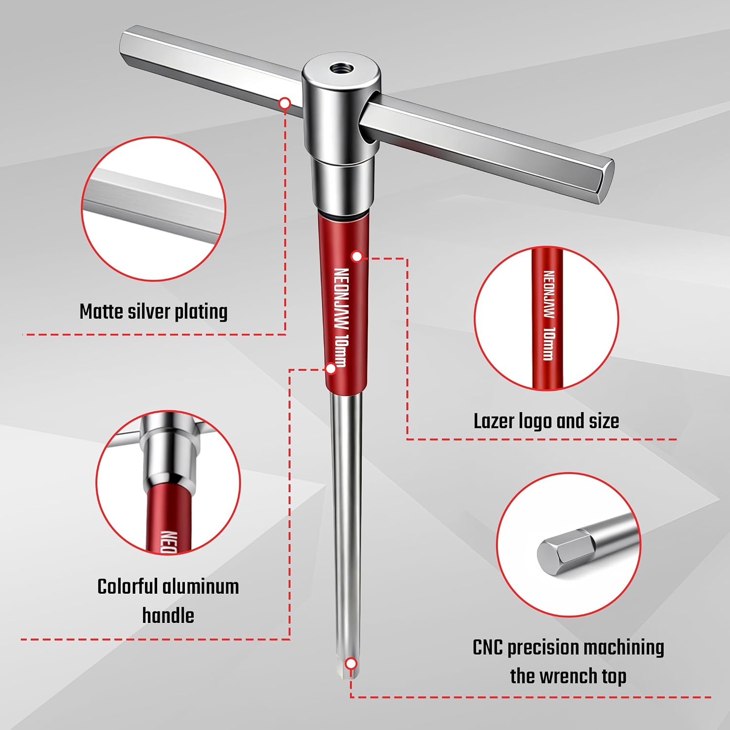 10pcs T-Handle Hex Allen Key Wrench Set 10mm 8mm 6mm 5mm 4.5mm 4mm 3.5mm 3mm 2.5mm 2mm with 3-Way Sliding Handle, Spinning Sleeve, Steel Storage Rack for DIY, Mechanics, Red