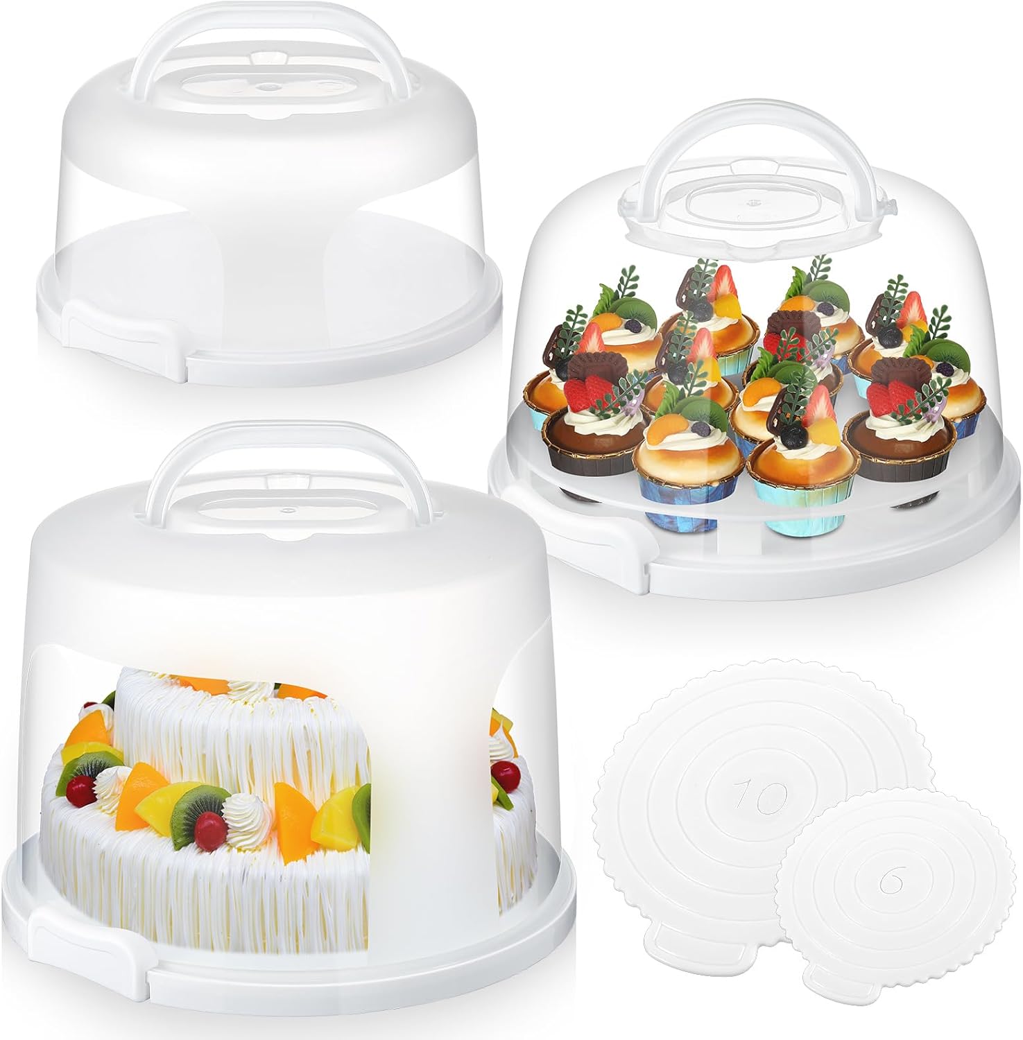 3 Pcs 10 Inch 11 Inch 12 Inch High Round Cake Carrier with Lid and Handle Plastic Cake Stand Cake Container White Cake Holder for Cupcake Pie Serving Transport Storage
