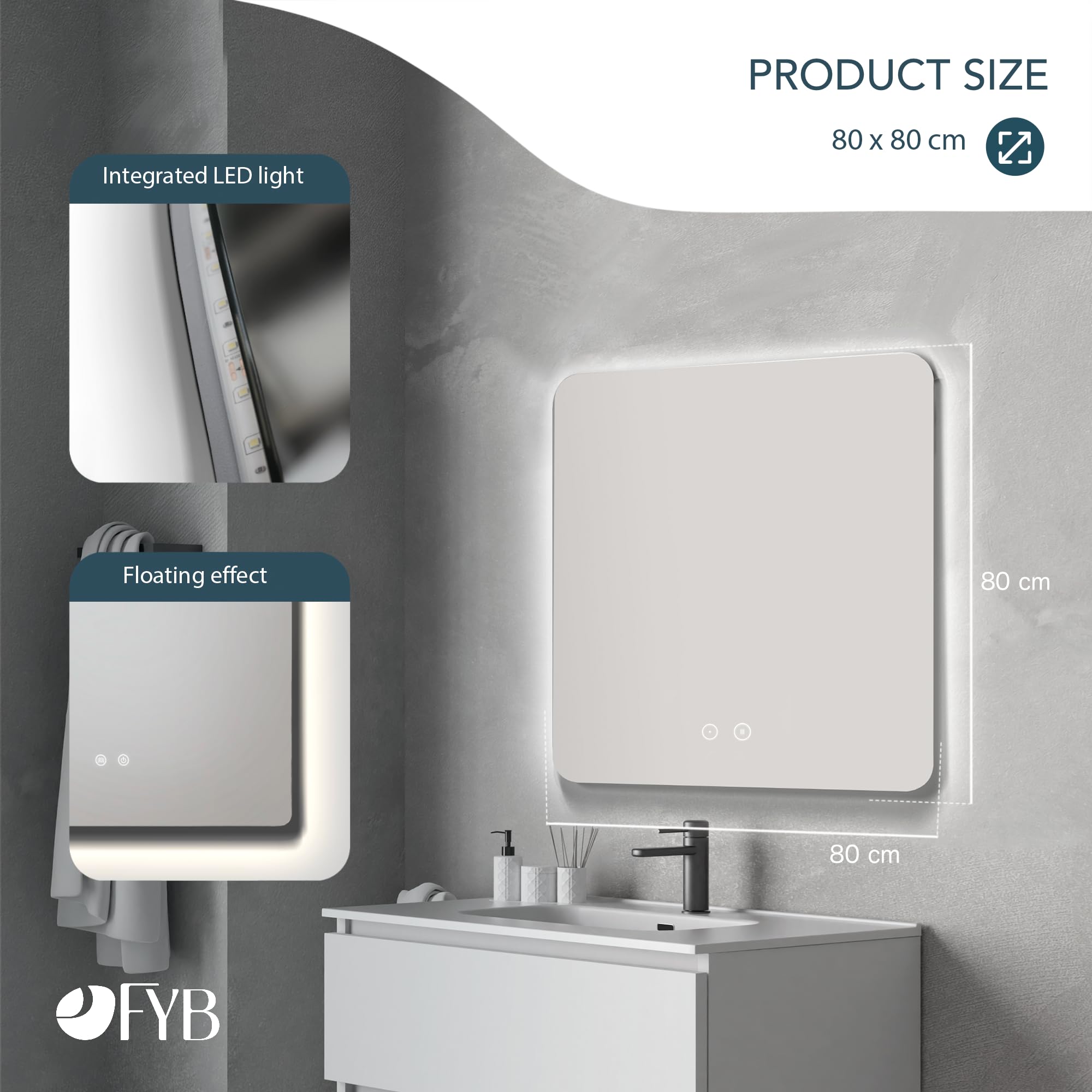 Espejo de Baño Rectangular con Luz LED Regulable, Antivaho, Interruptor Táctil, 3 Tonos de Luz, Apagado Automático, Fácil Instalación, Montaje en Pared, Diseño Sin Marco 80x80 cm