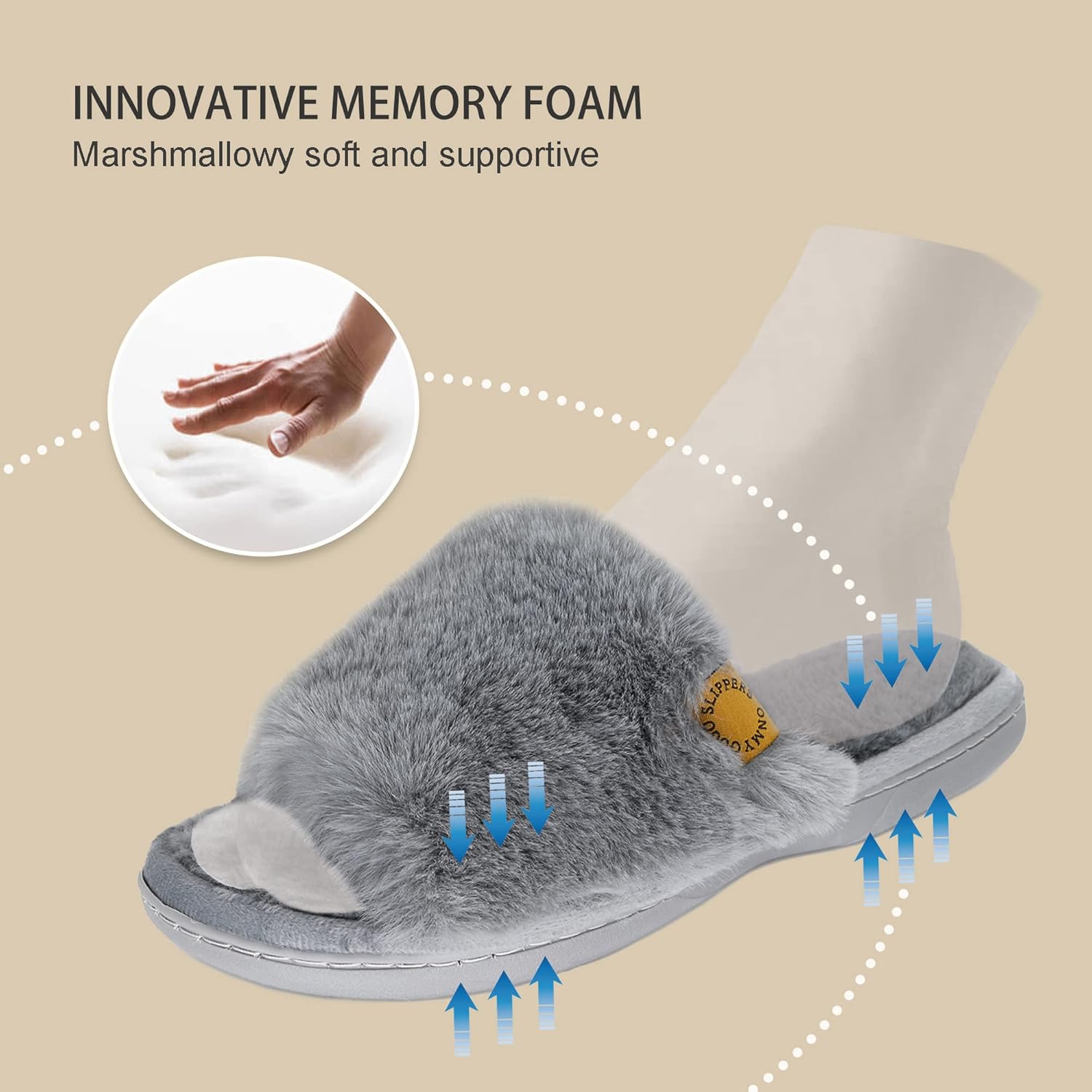 Onmygogo Indoor Slippers for Women Open Toe with Memory Foam, Soft Faux Fur Nonslip House Slippers - Image 5