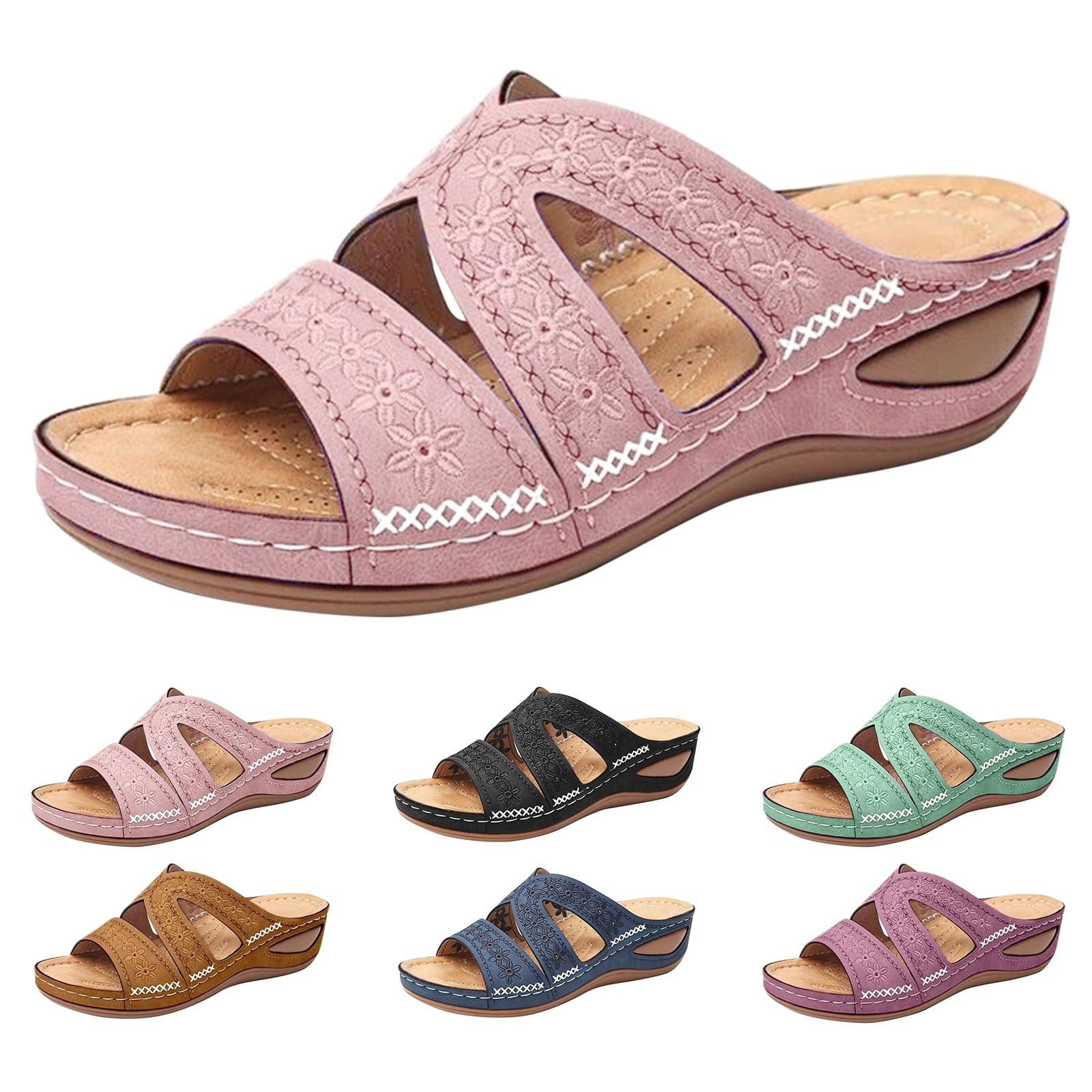 Sandali grossi da donna, vestibilità larga, pantofole da donna, estive, per esterni, comodi, sandali da spiaggia con morbido tessuto in pelle con fiore testurizzato etnico con supporto per arco
