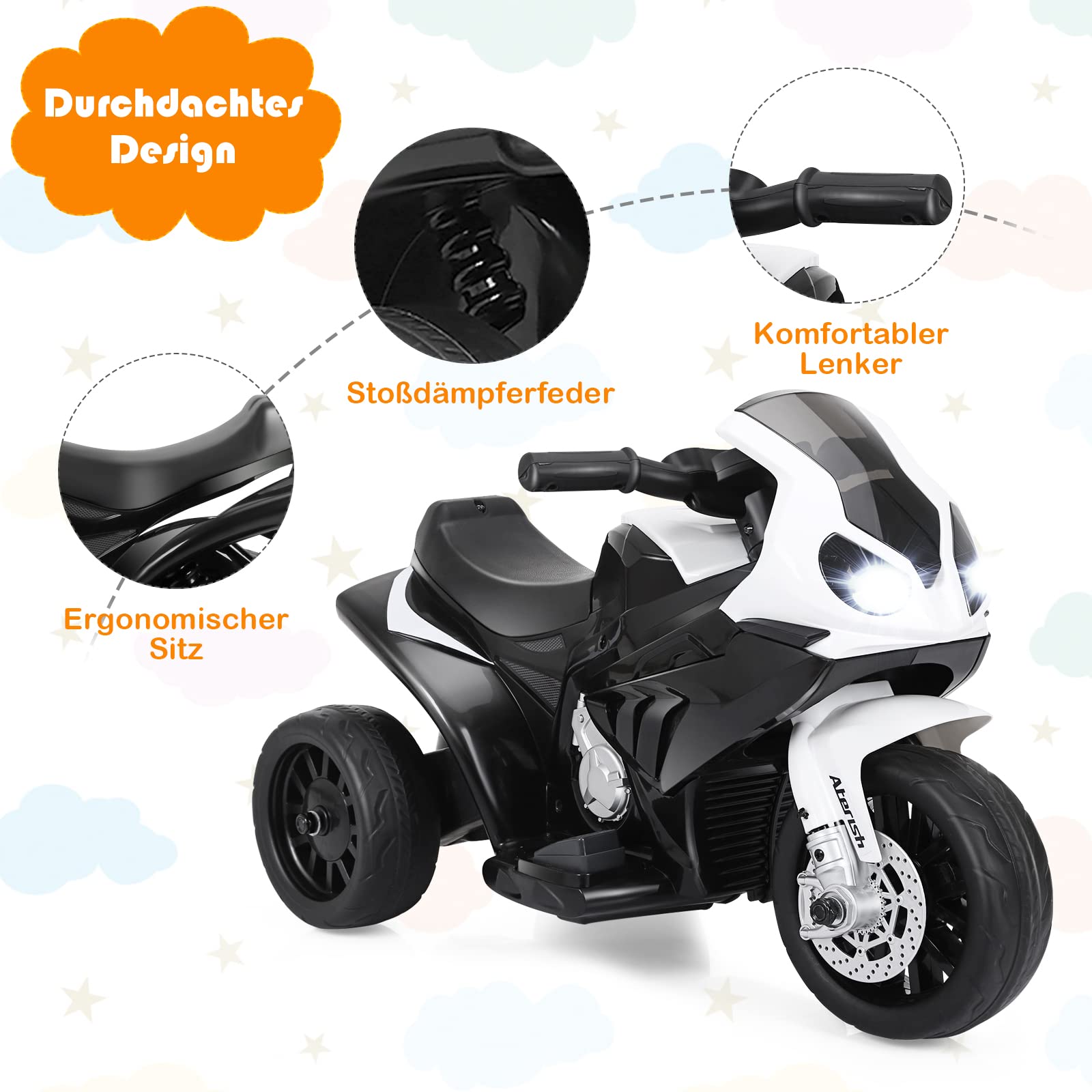 DREAMADE Kinder Elektro Motorrad, 6V Kindermotorrad Elektrisch mit Musik & Licht & Hupe & Stützrädern, 3 km/h, Elektro-Dreirad Elektromotorrad für Kinder 18-36 Monaten (Schwarz)
