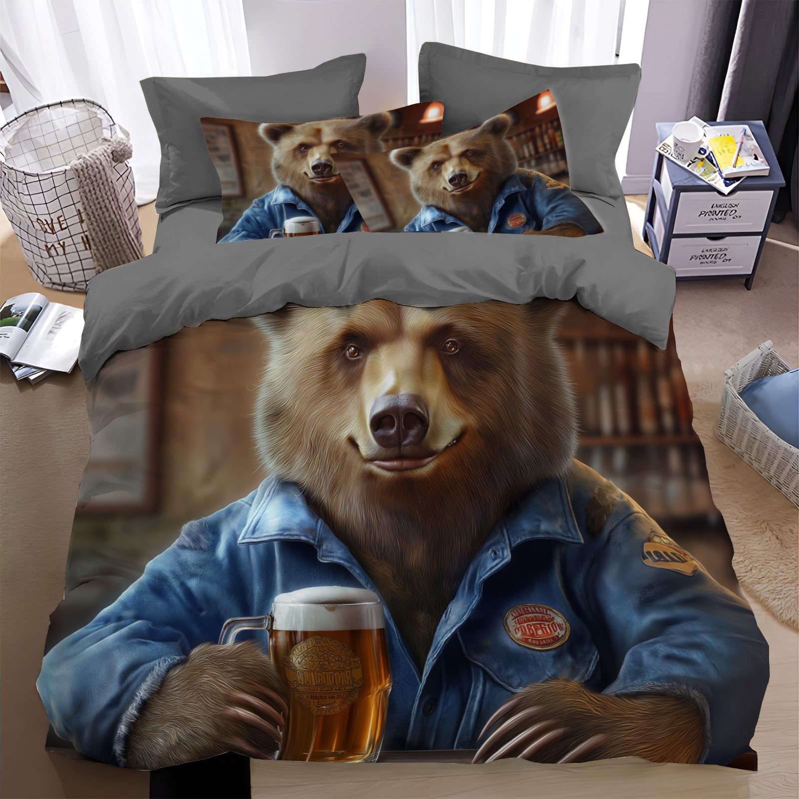 Housse de couette 240x260 cm ours buvant de la bière en parure de lit 2 personnes avec fermetures