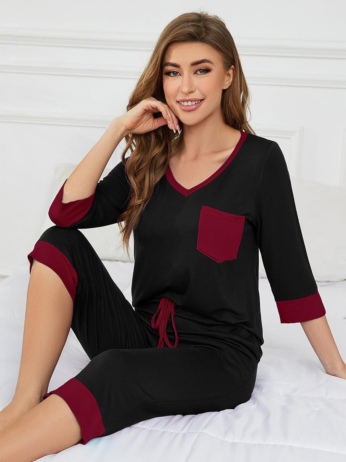 KORSIS Womens Pajamas Set PJ Set 2 Piece Soft Sleepwear 3/4 Sleeve V-Neck Top and Waisted Adjustable Capri Pants with Pocket - Image 3