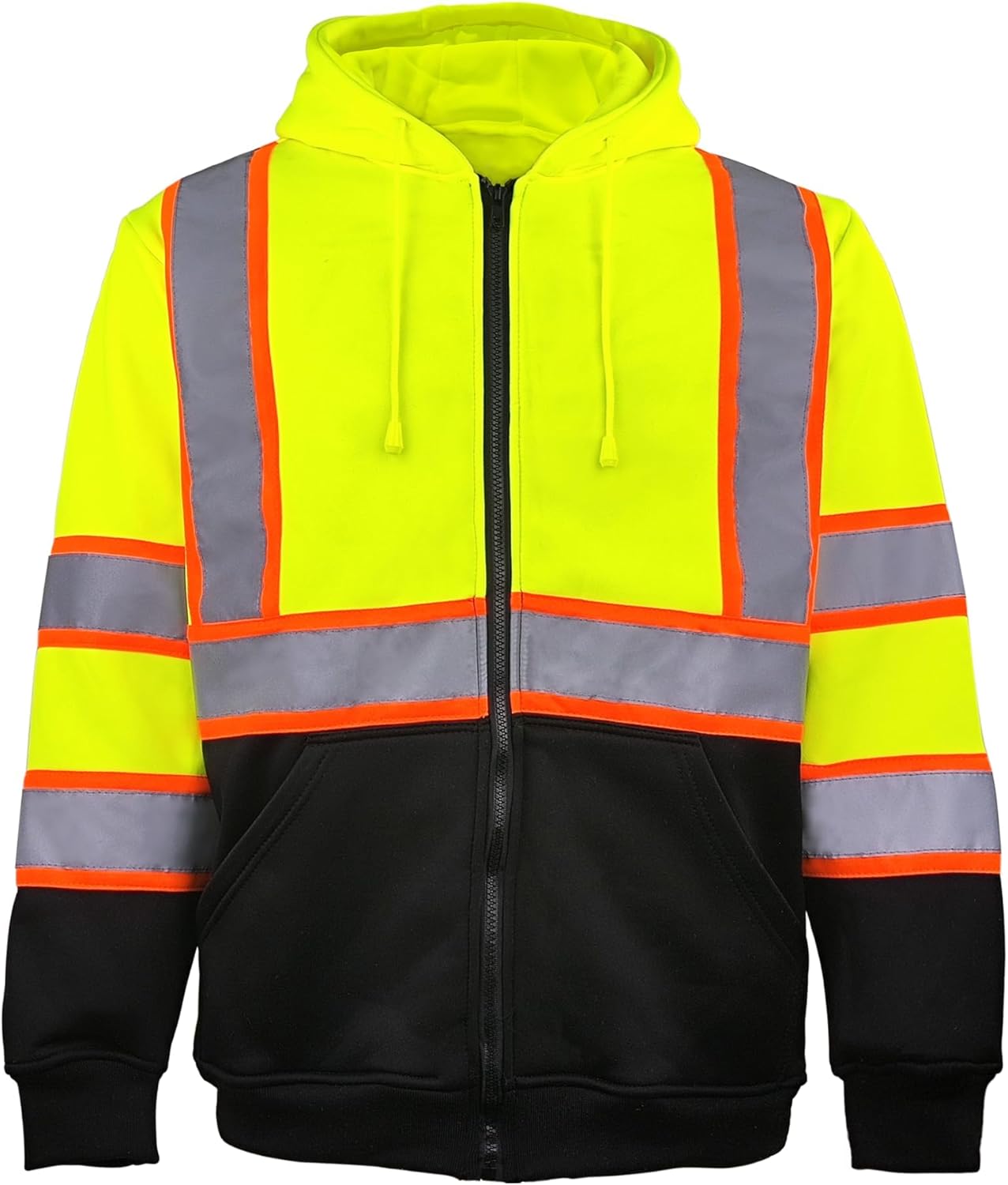 Hi Vis Safety Hoodie for Men ANSI Class 3, Reflective Jacket Zip Hoodie with Black Bottom for Construction Work