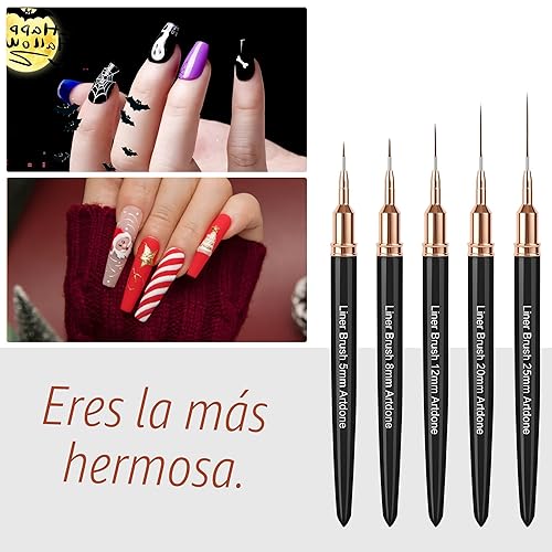 Miniatura 6 de Artdone Bolígrafos metálicos para arte de uñas, juego de 5 brochas de color negro para líneas largas, detalles finos, dibujo fino, pincel