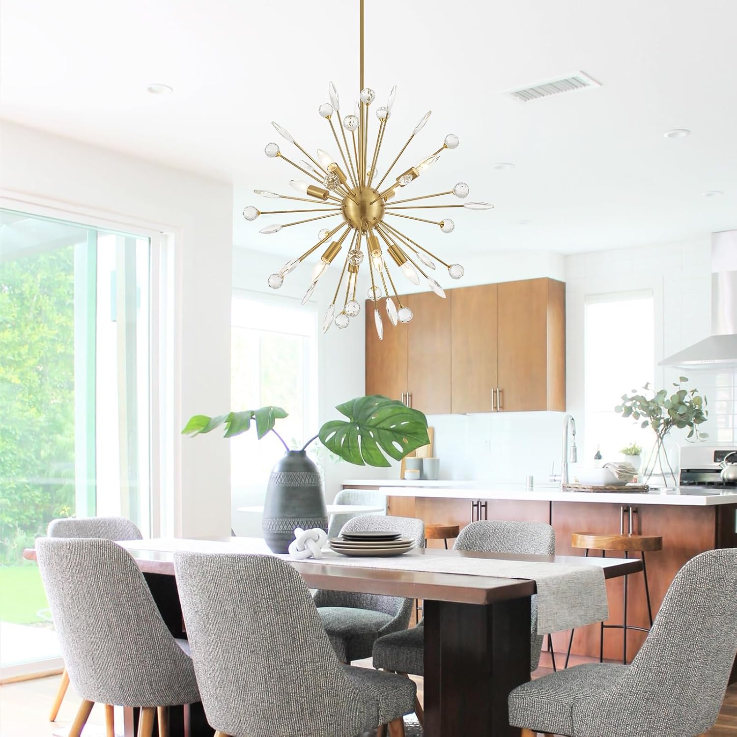 8-Light Crystal Sputnik Chandelier for Entryway, Gold Dining Room Chandelier, Mid Century Chandelier for Bedroom Kitchen Foyer Living Room Farmhouse
