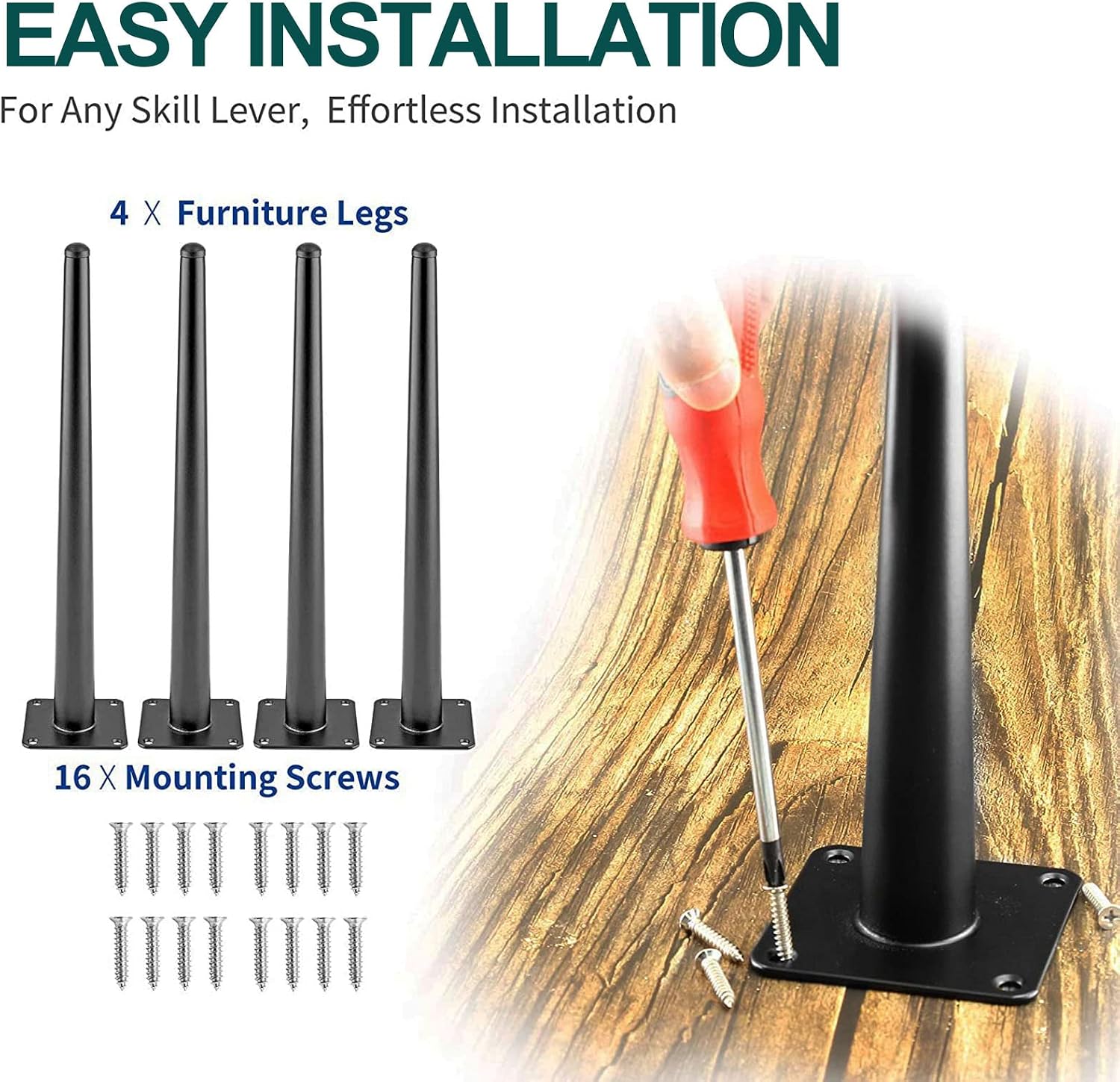 Cjueiom 16 Inch / 40cm Straight Furniture Legs Black Sofa Legs Set of 4, Mid-Century Couch Legs Heavy Duty Coffee Table Legs - Image 3