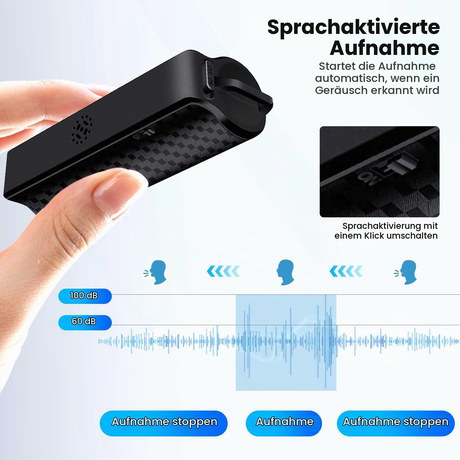 64GB Sprachrekorder mit Magnet, 25 Tage Daueraufnahme, Wiederaufladbar Über USB, Sprachaktivierung, One Touch Aufnahme, Diktiergerät Mini für Meetings, Vorlesungen & Interviews