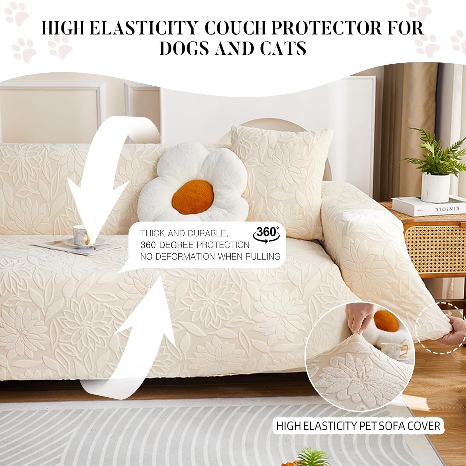 Fully Covered Jacquard Elastic Sofa Cover, Anti-cat Scratch and dustproof Sofa Cover(Cream White,Double seat)