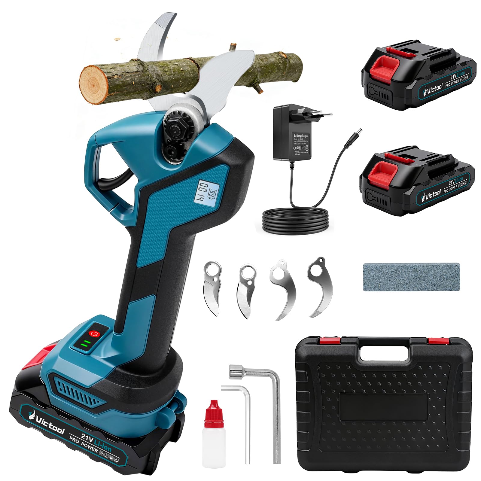 Tijeras de podar eléctricas profesionales con pantalla LCD, 2 baterías de 2000 mAh de 21 V, diámetro de corte máximo de 40 mm, cuchillas de acero SK5, para ramas de jardín y arbustos, color azul