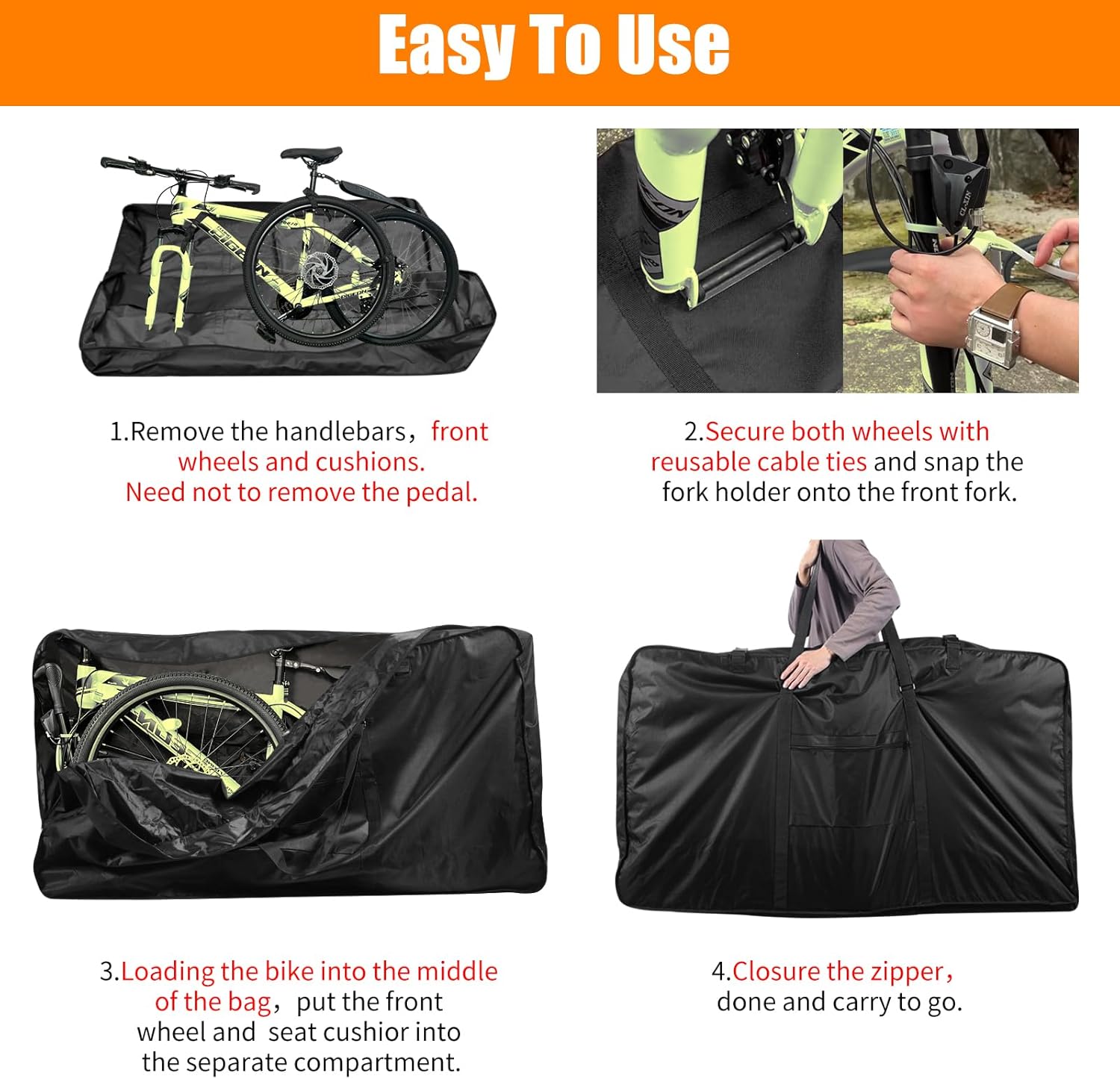 Bike Travel Bag,Upgraded 900D Mountain Bike Travel Bag with 3 Fixed Buckles,Strong Webbing and Seperate Compartments Inside,Large MTB Case for 26-29 inch Mountain Bicycle,55.11×10.82×31.29 inch