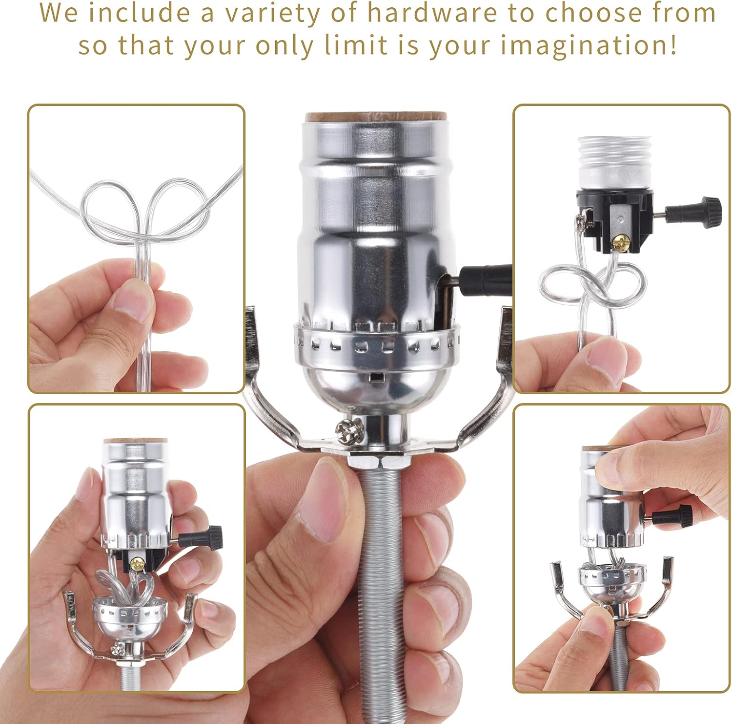 Canomo Make a Lamp Kit Table lamp Kit with 8 Inch Harp, Lamp Pipe, 3 Way Socket and All Parts Needed and Instructions for DIY Lamp Rewire or Repair, Nickel Finish