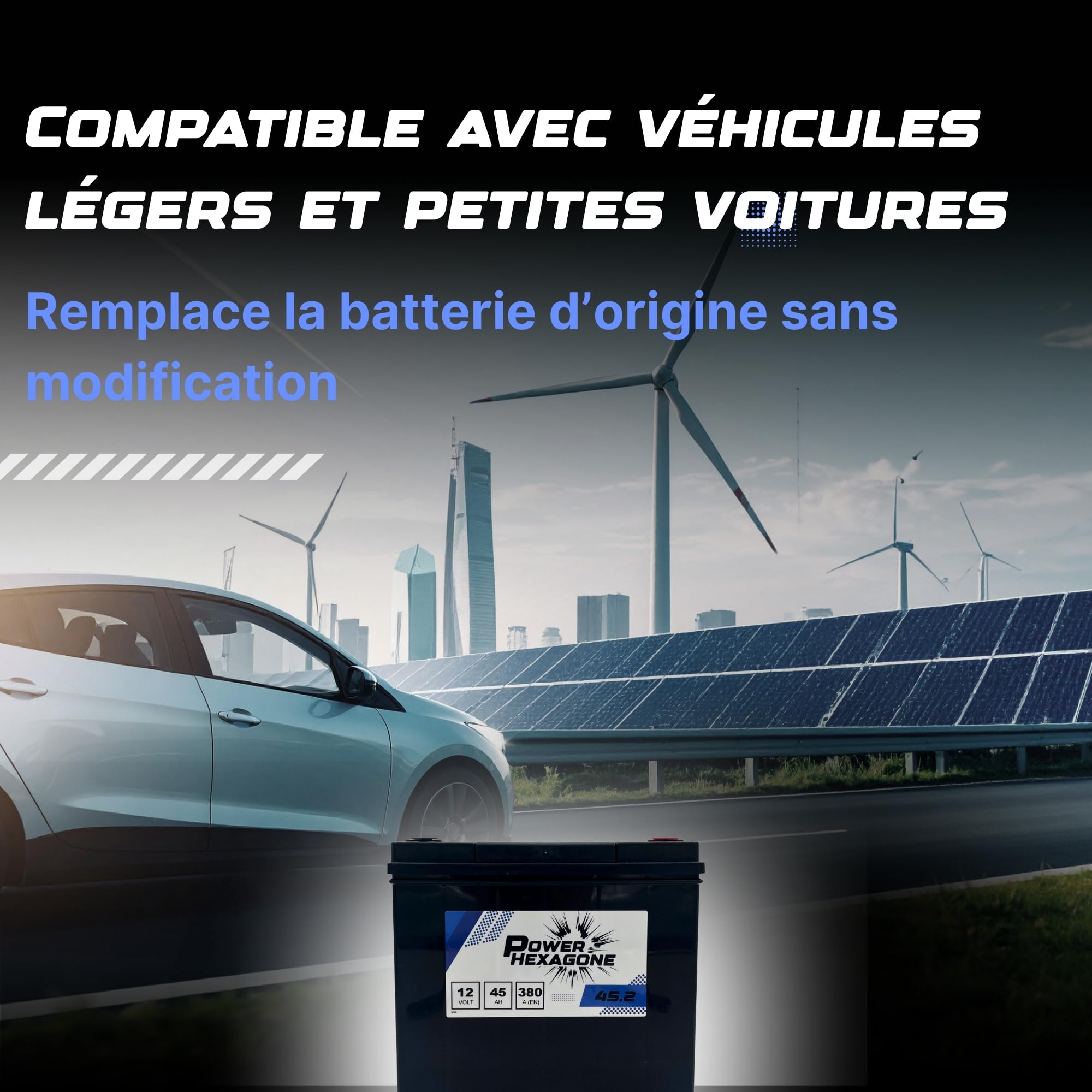 Batterie 12V 45Ah B24L - Démarrage 380A - Batterie Auto Sans Entretien - Format B24L Compact Compatible Voiture, Engin, Tracteur - Remplacement Origine - Power Hexagone