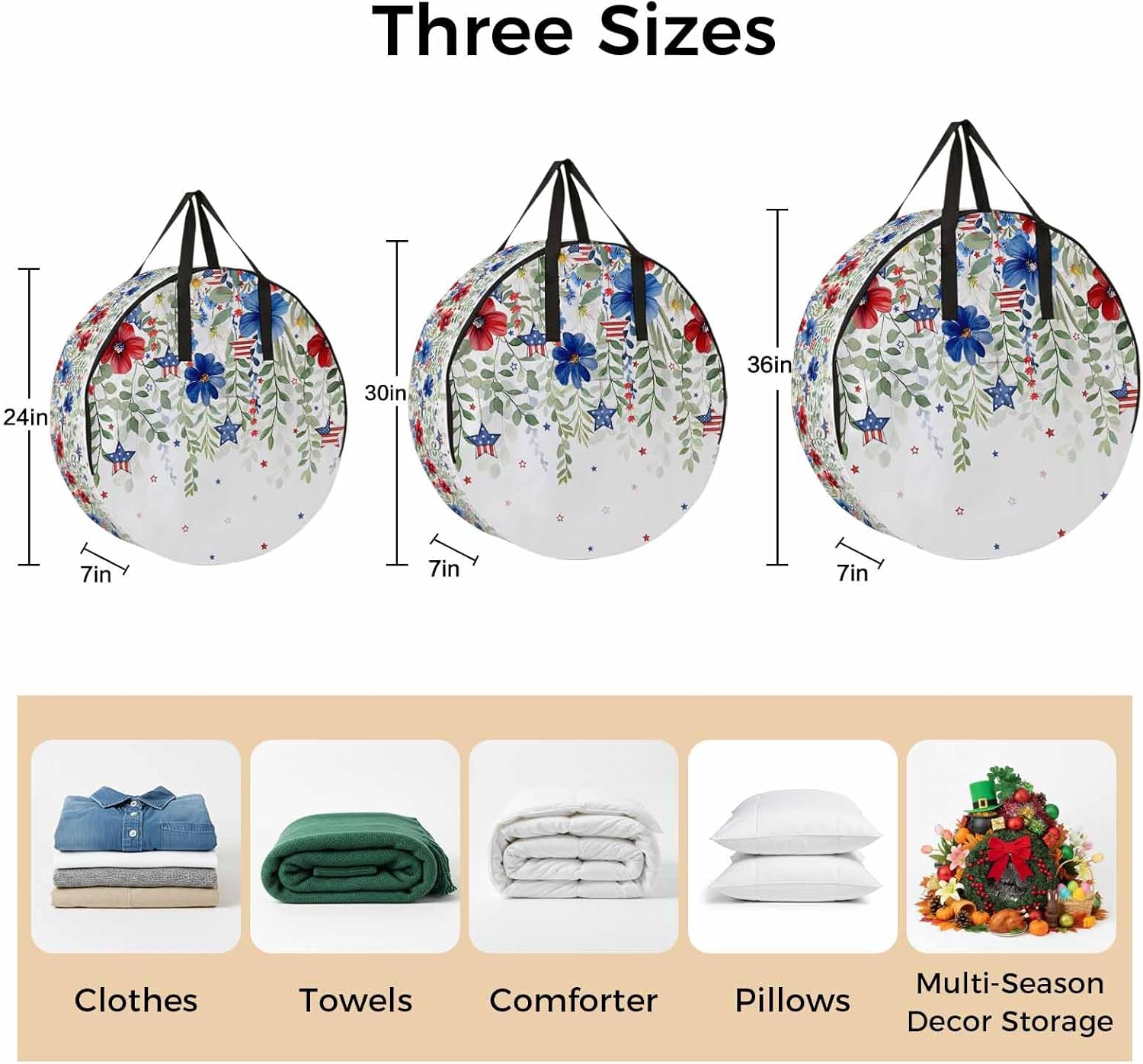 Independence Day Patriotic USA Flag Round Storage Bag 36 Inch, Red Blue Flowers Clothes Storage Container with Handles Heavy Duty Organizer for Comforter, Bedding & Holiday Wreaths