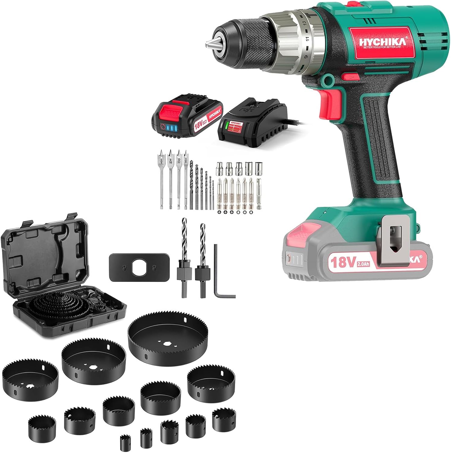 HYCHIKA Cordless Hammer Drill Driver 18V, 19 PCS Hole Saw Kit, Tool Combo Kit, 1 Battery and 1 Charger Included