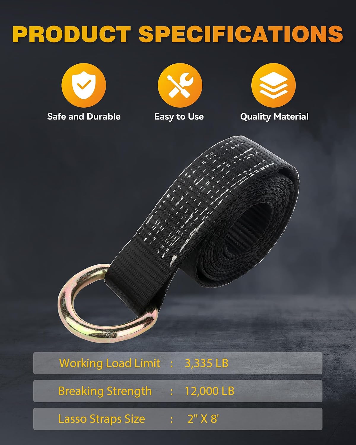 OCPTY 4 x Lasso Straps Wrecker Car Hauler Truck Tow Dolly Tire Wheel Tie Down Strap Black (2in. X 8ft.)