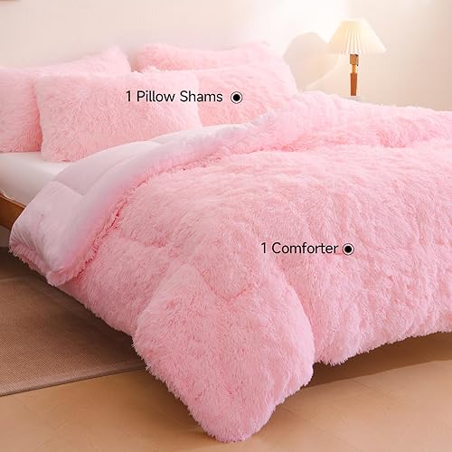 Miniatura 3 de Juego de edredón de felpa suave color rosa, juego de 3 piezas de pelo sintético esponjoso con relleno de fibra elástica (1 edredón + 2 fundas de