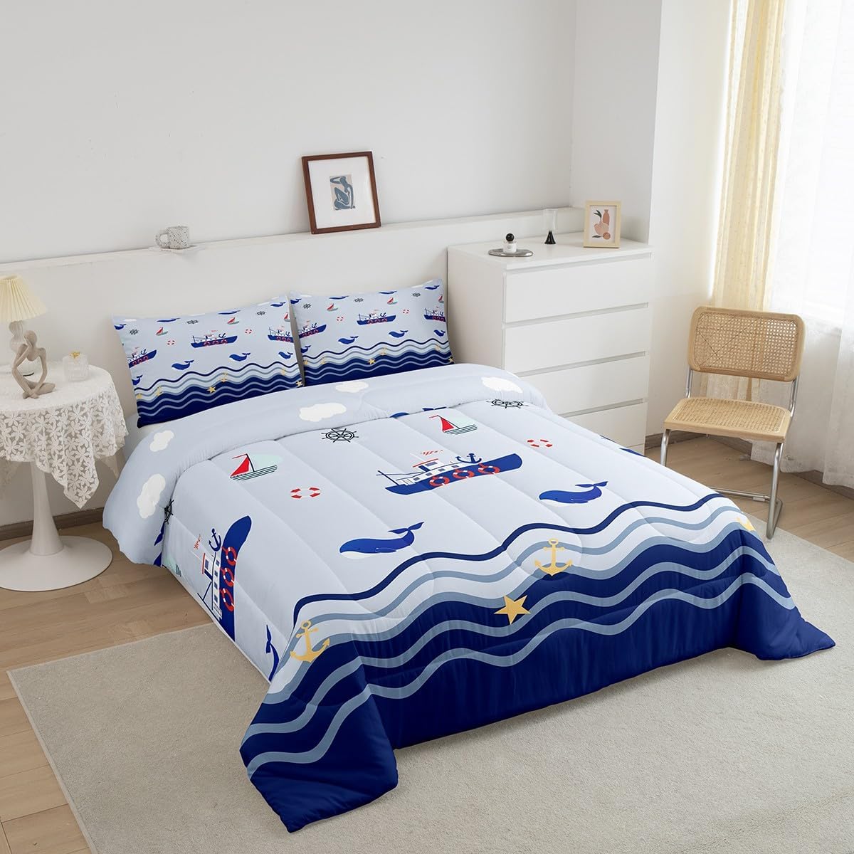 Feelyou Nautical Bedding Set Sailboat Printed Comforter Set Ocean Themed Comforter for Boys Girls Kids Sea Adventure Duvet Set Twin Size with 1 Pillow Case