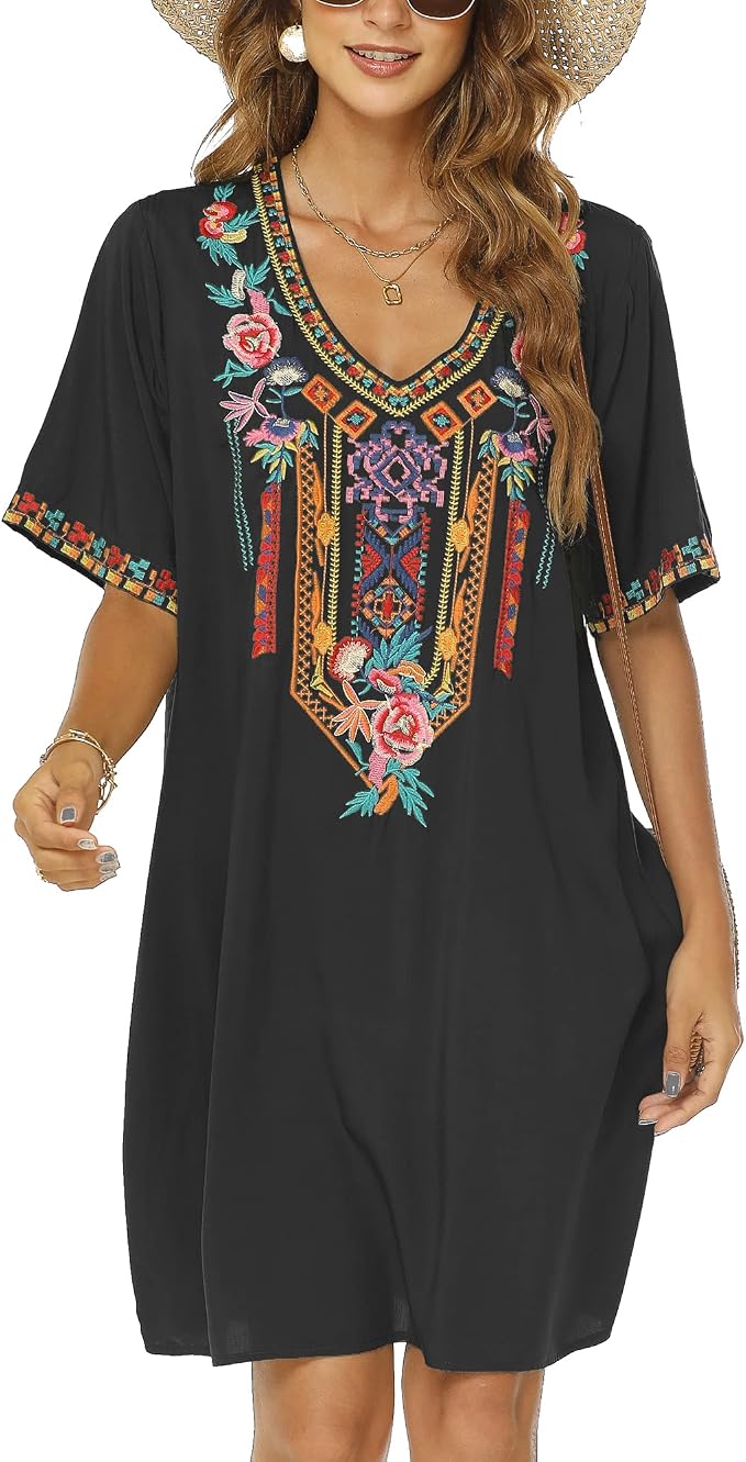 Mujer Verano Boho Mexicano Vestido Campesino Manga Corta Bordado Floral…