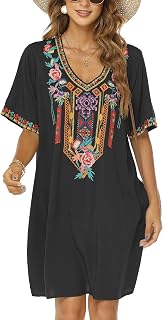 Frauen Sommer Boho Mexican Peasant Dress Kurzarm Floral Bestickte Flowy Kleider Lose Hippie Bohemian Tunika