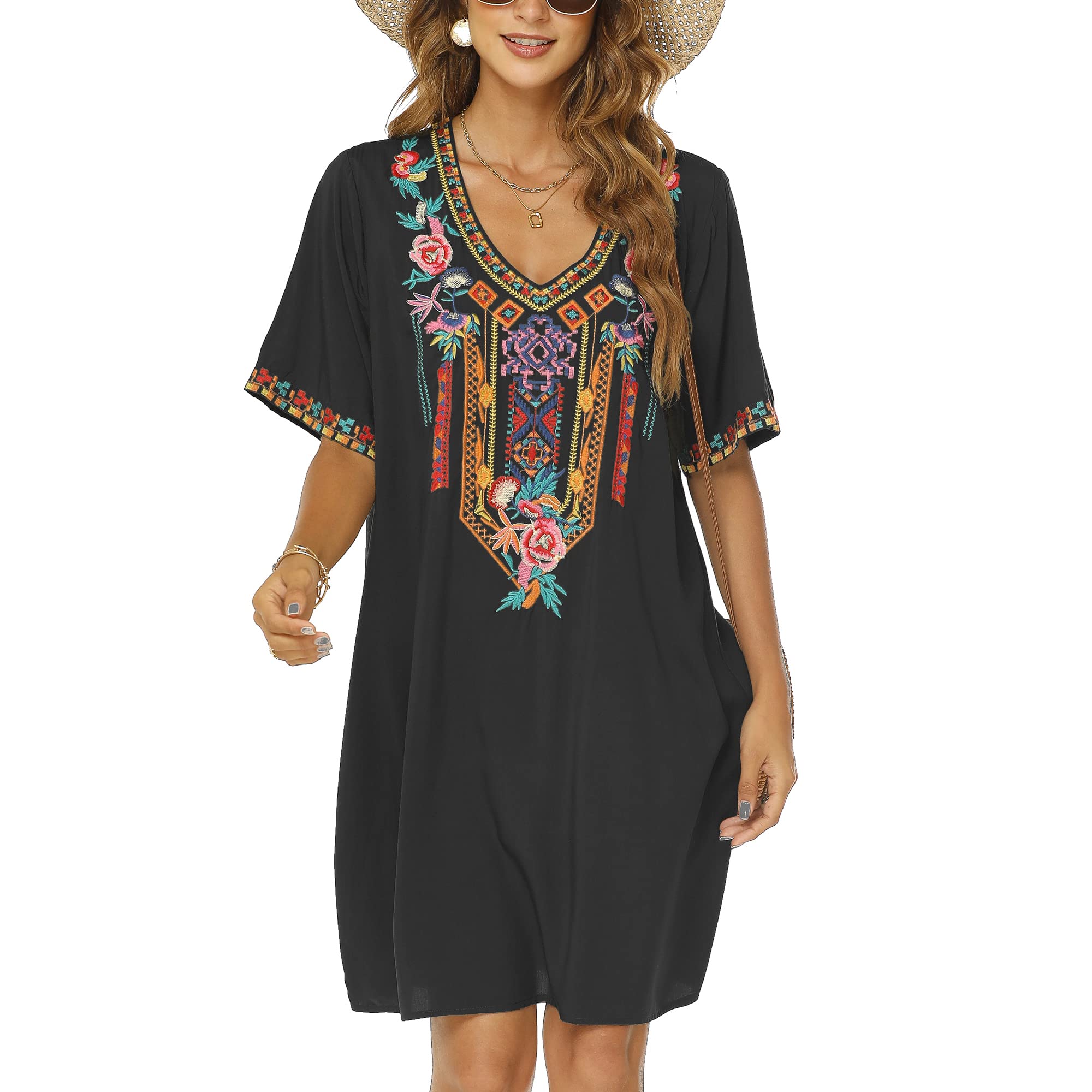 Donna Estate Boho Mexican Peasant Dress Manica Corta Ricamata Floreale Flowy Dresses Tunica Hippie Bohemian Sciolto