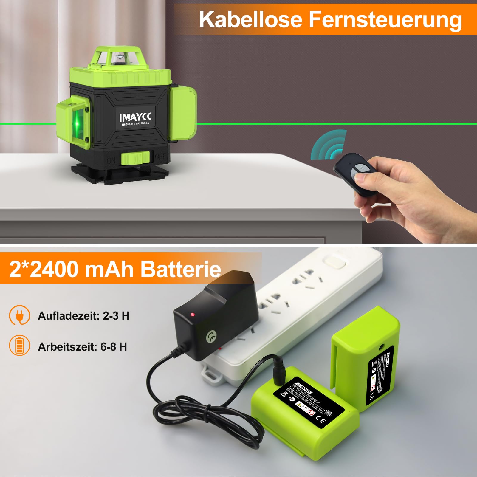 IMAYCC Livella Laser Autolivellante 16 Linee 4D X 360 Verde Luminosità Regolabile con Modalità Manuale e a Impulsi per Interni ed Esterni, 2xBatteria, Telecomando, Caricatore e Così Via