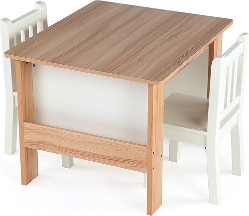 Humble Crew Juego de mesa y 2 sillas de madera para niños con almacenamiento de libros integrado, natural/blanco, mesa de estudio y actividades para